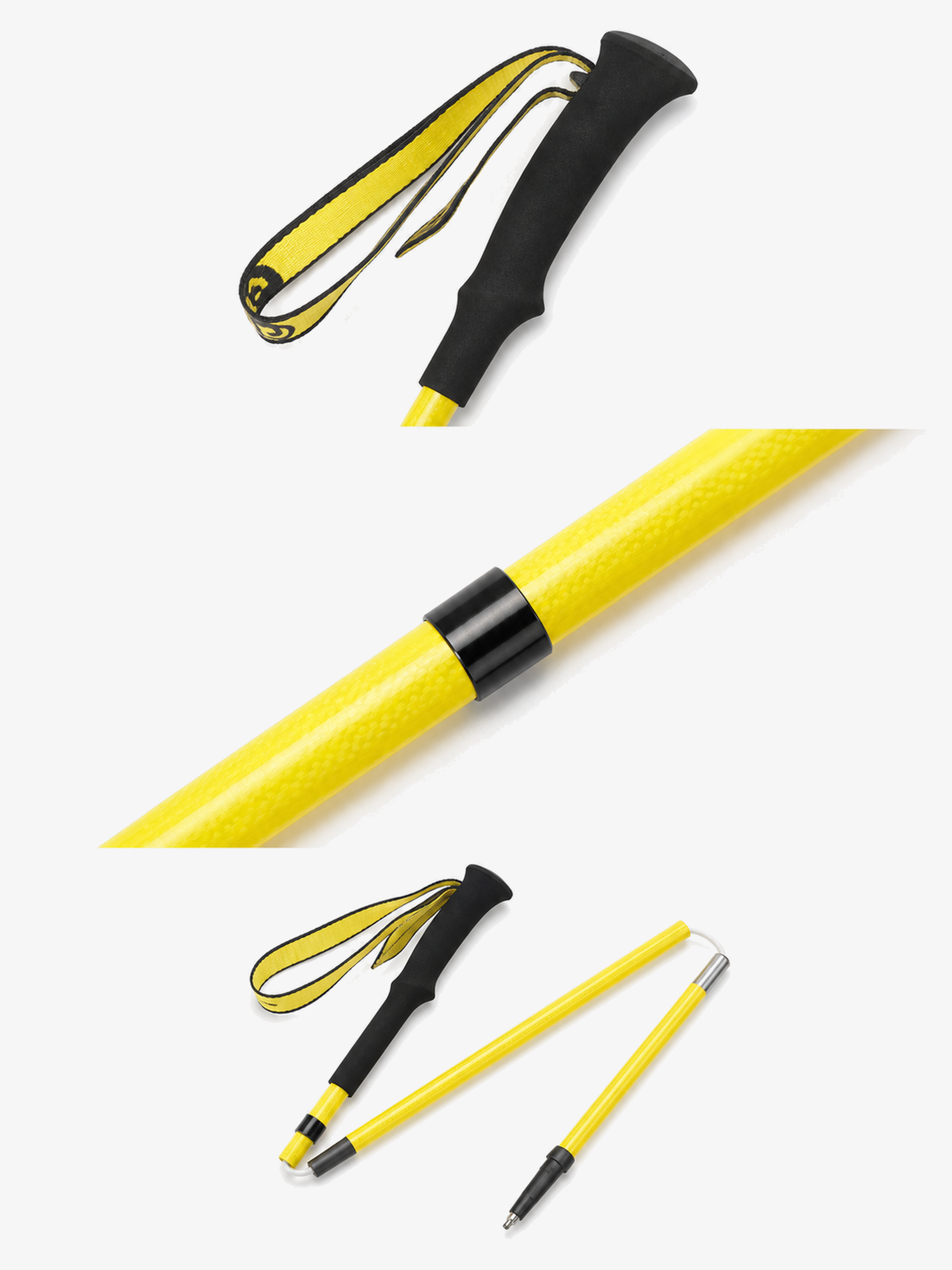 Close-up details of the Active Yellow 3K carbon fiber folding trekking pole grip, wrist strap, and pole shaft