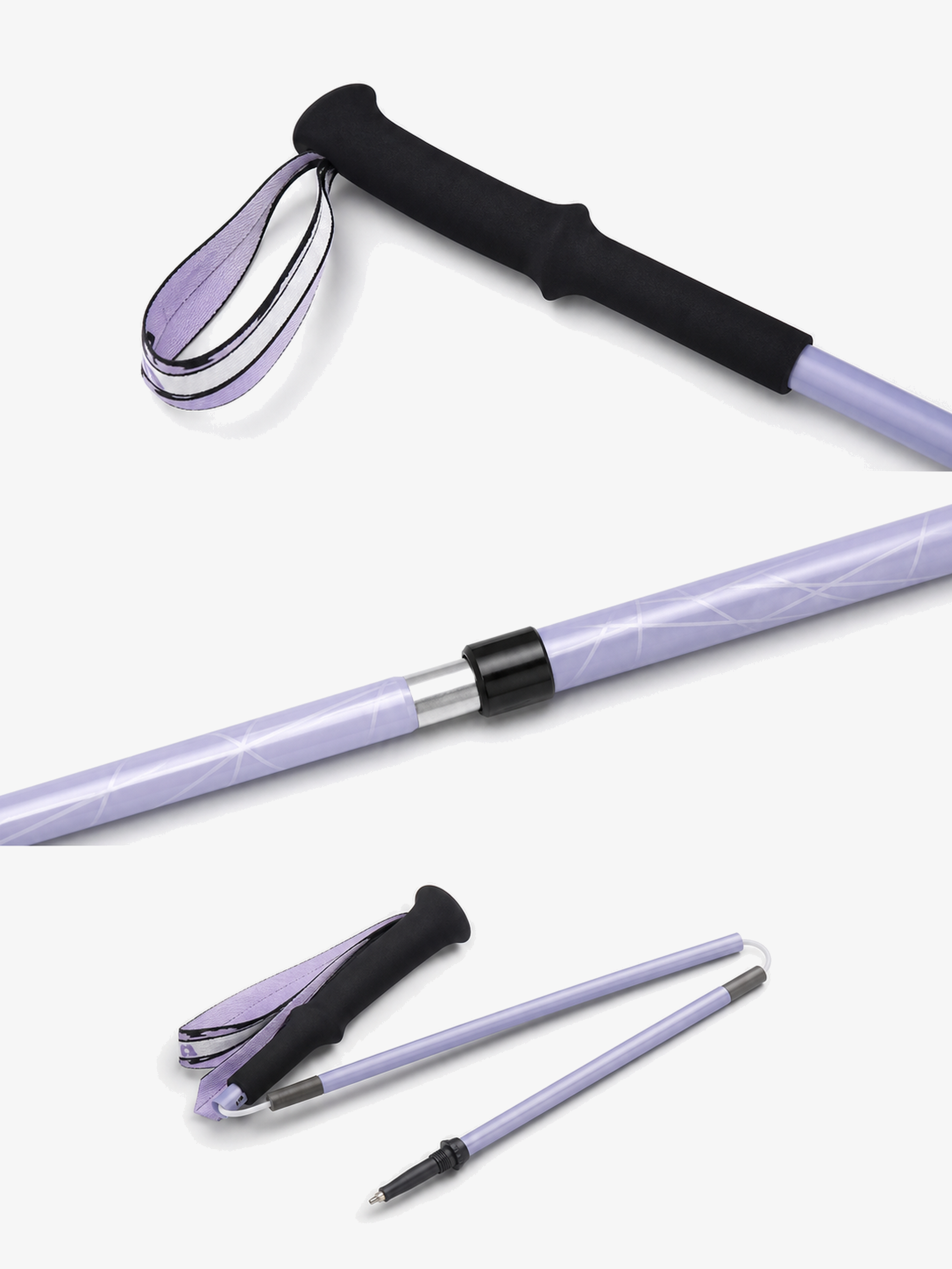 Close-up details of the Violet 3K carbon fiber folding trekking pole grip, wrist strap, and pole shaft