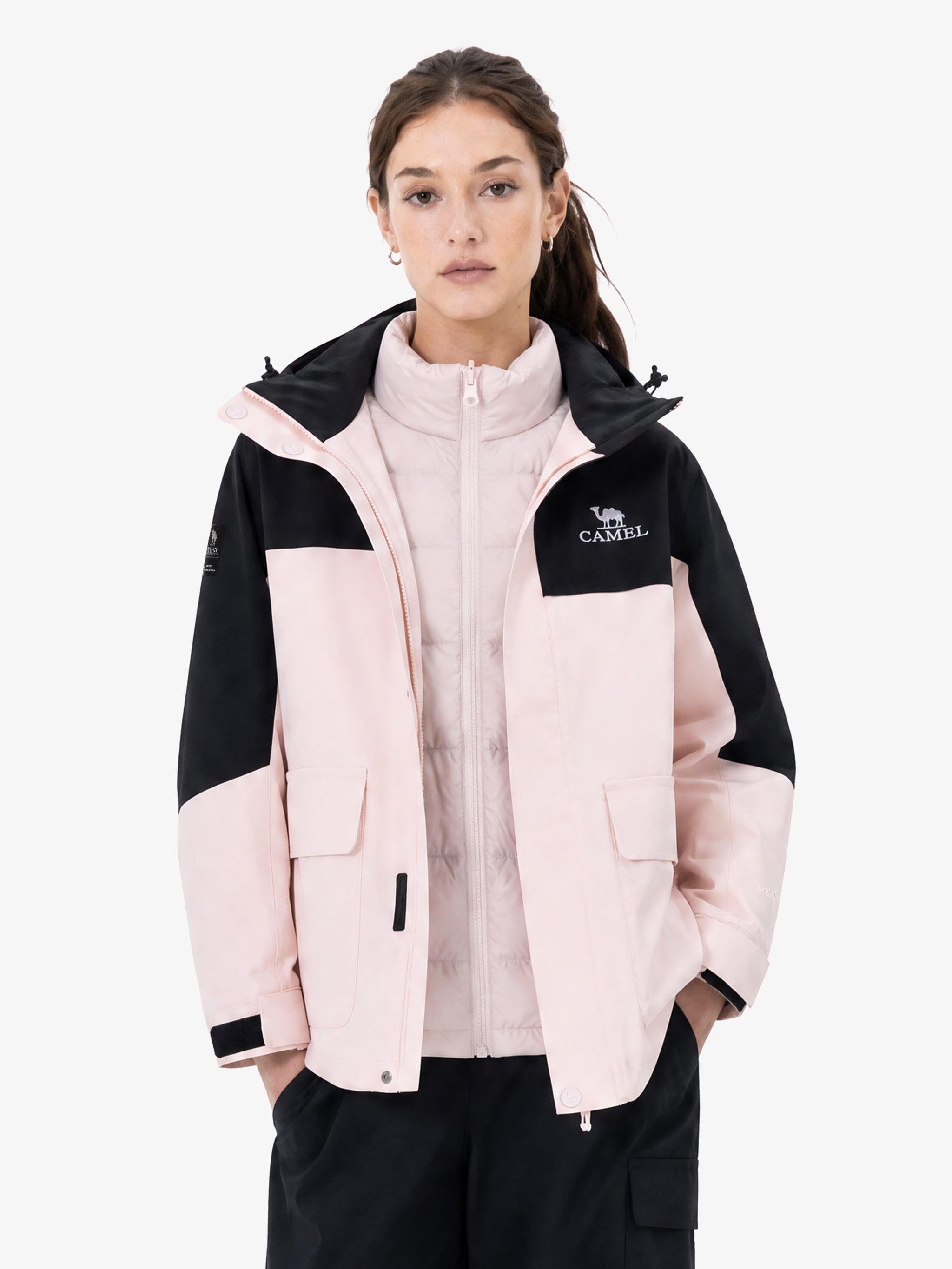 CAMEL Women's 3-in-1 Shell Jacket with Down Liner - A26CA6B050Y-fen+hei-5