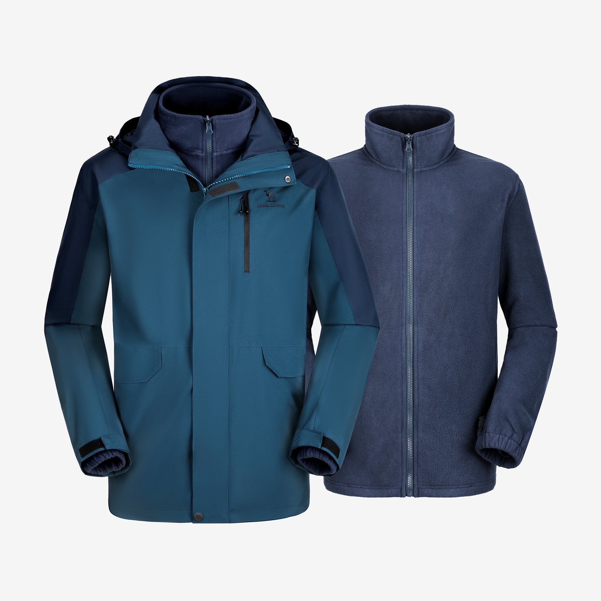 Camel Crown Men’s Arctic Sentinel Paneled 3-in-1 Jacket in blue color, waterproof, breathable, anti-static fleece, adaptable
