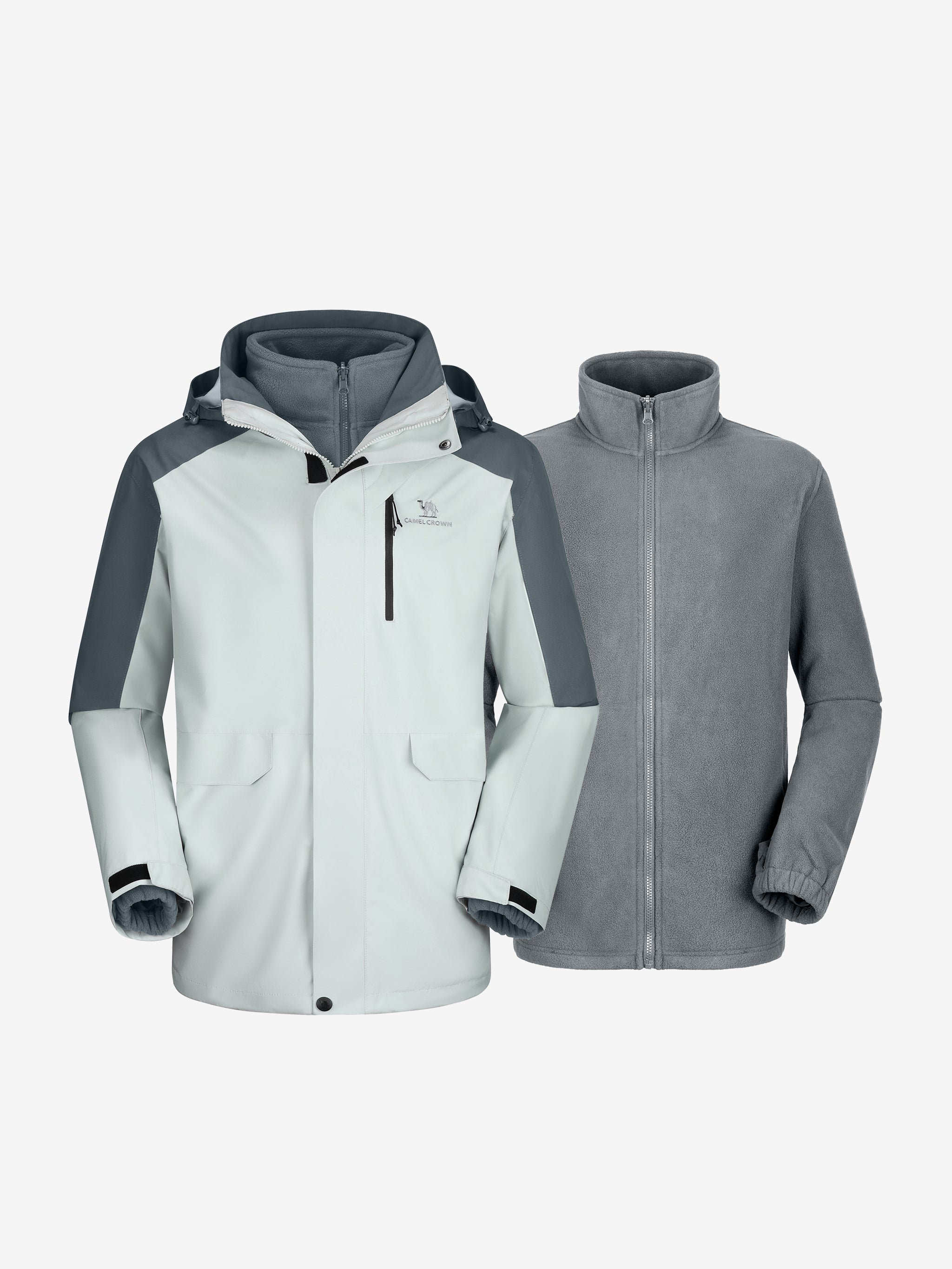 Camel Crown Men’s Arctic Sentinel Paneled 3-in-1 Jacket in gray color, waterproof, breathable, anti-static fleece, adaptable