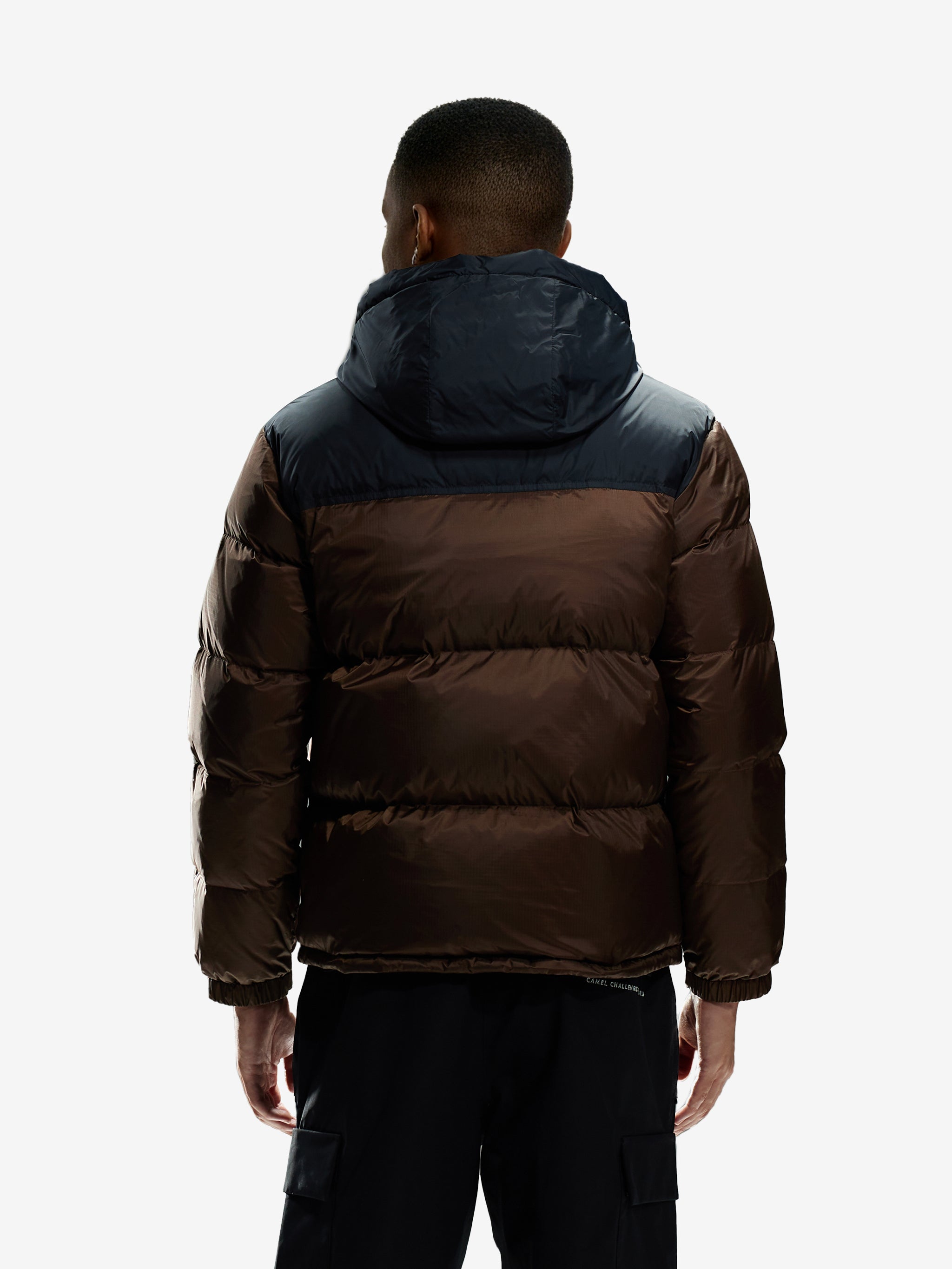 Back view of Camel Cordura® Paneled Puffer Down Jacket, 220g goose down, waterproof shell, heat-reflective lining for warmth