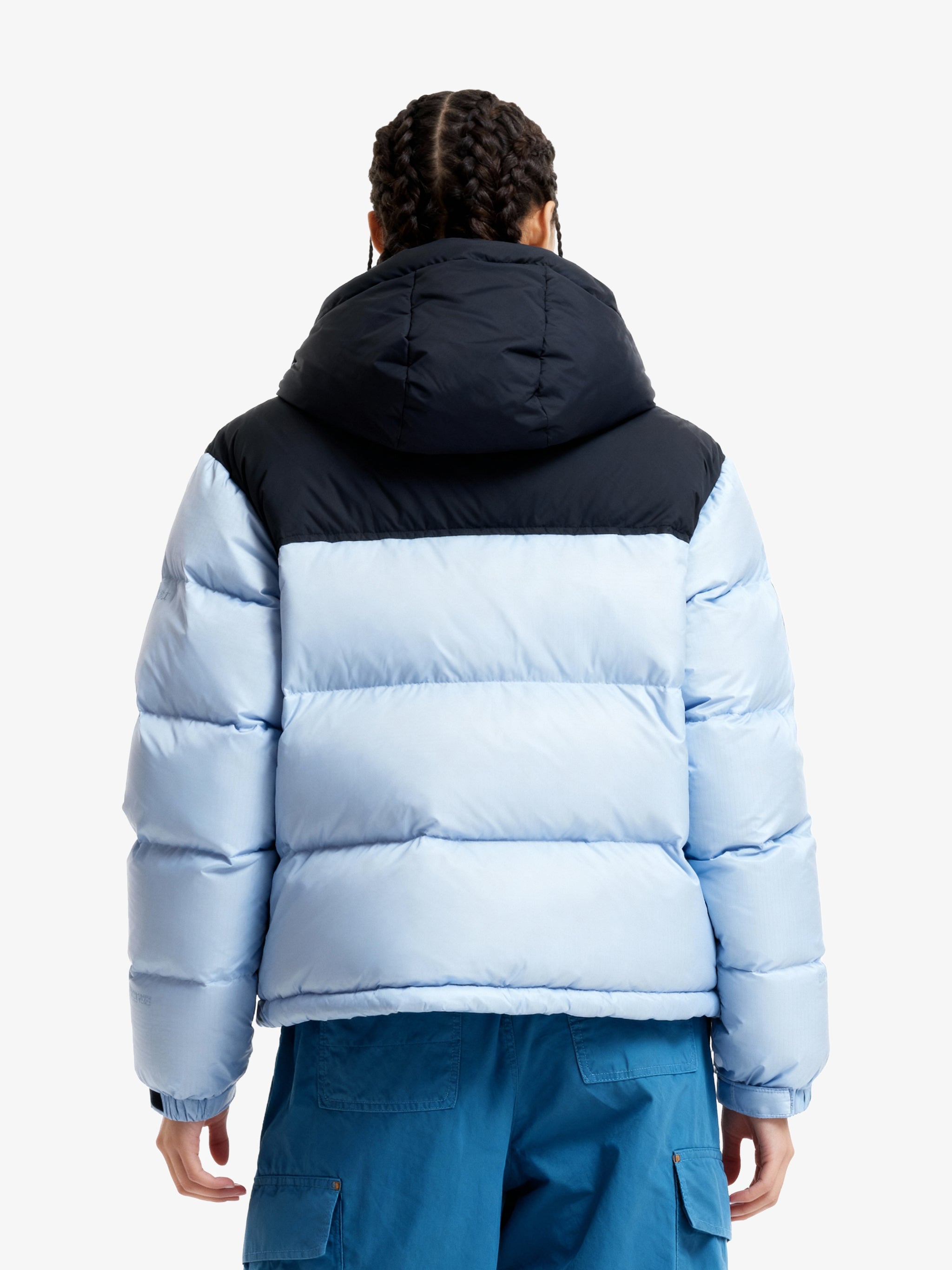 Back view of Camel Cordura® Paneled Puffer Down Jacket, 220g goose down, waterproof shell, heat-reflective lining for warmth