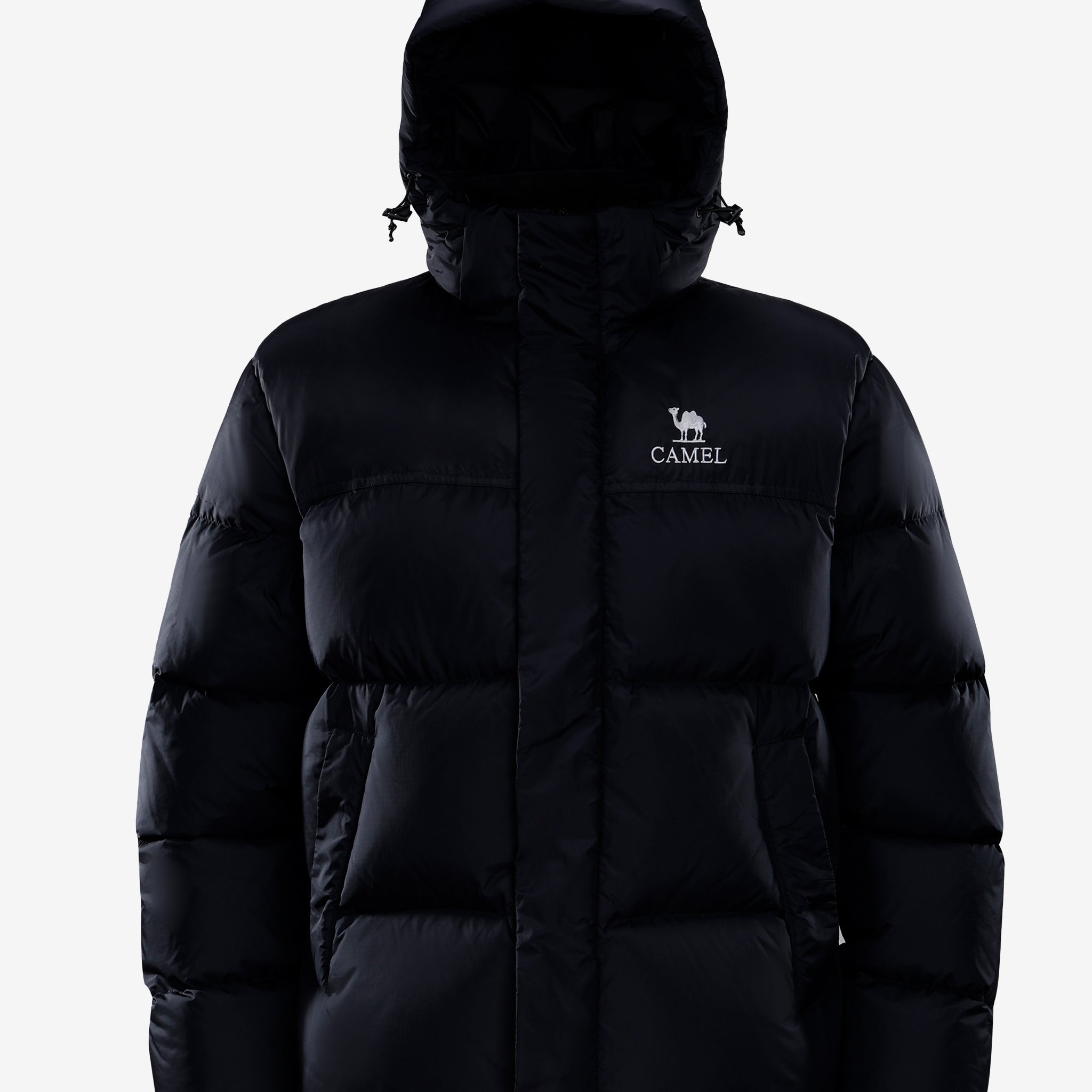 Camel Cordura® Paneled Puffer Down Jacket in black color, goose down, waterproof shell, heat-reflective lining for warmth