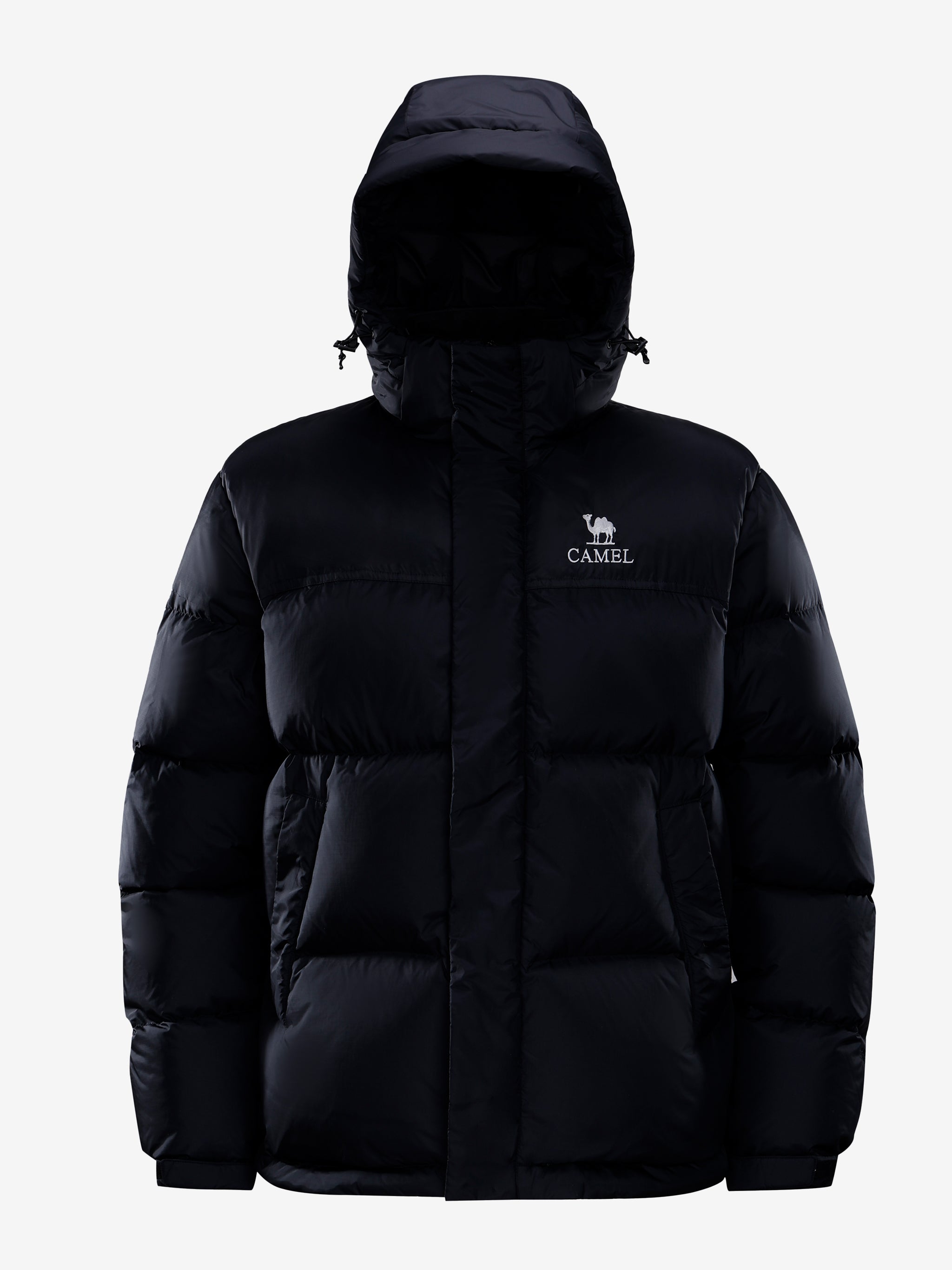 Camel Cordura® Paneled Puffer Down Jacket in black color, goose down, waterproof shell, heat-reflective lining for warmth
