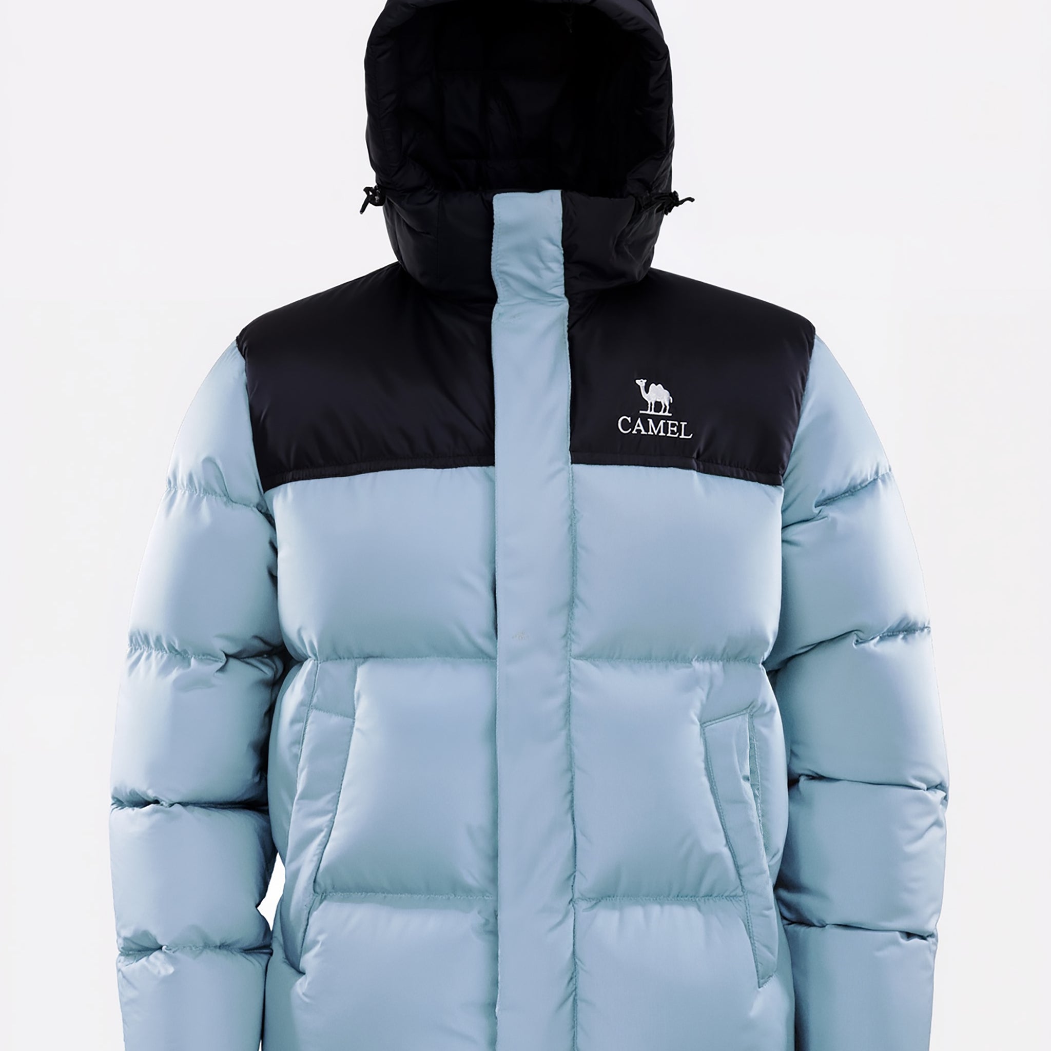 Camel Cordura® Paneled Puffer Down Jacket in blue color, goose down, waterproof shell, heat-reflective lining for warmth
