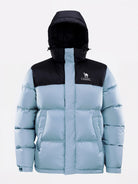Camel Cordura® Paneled Puffer Down Jacket in blue color, goose down, waterproof shell, heat-reflective lining for warmth