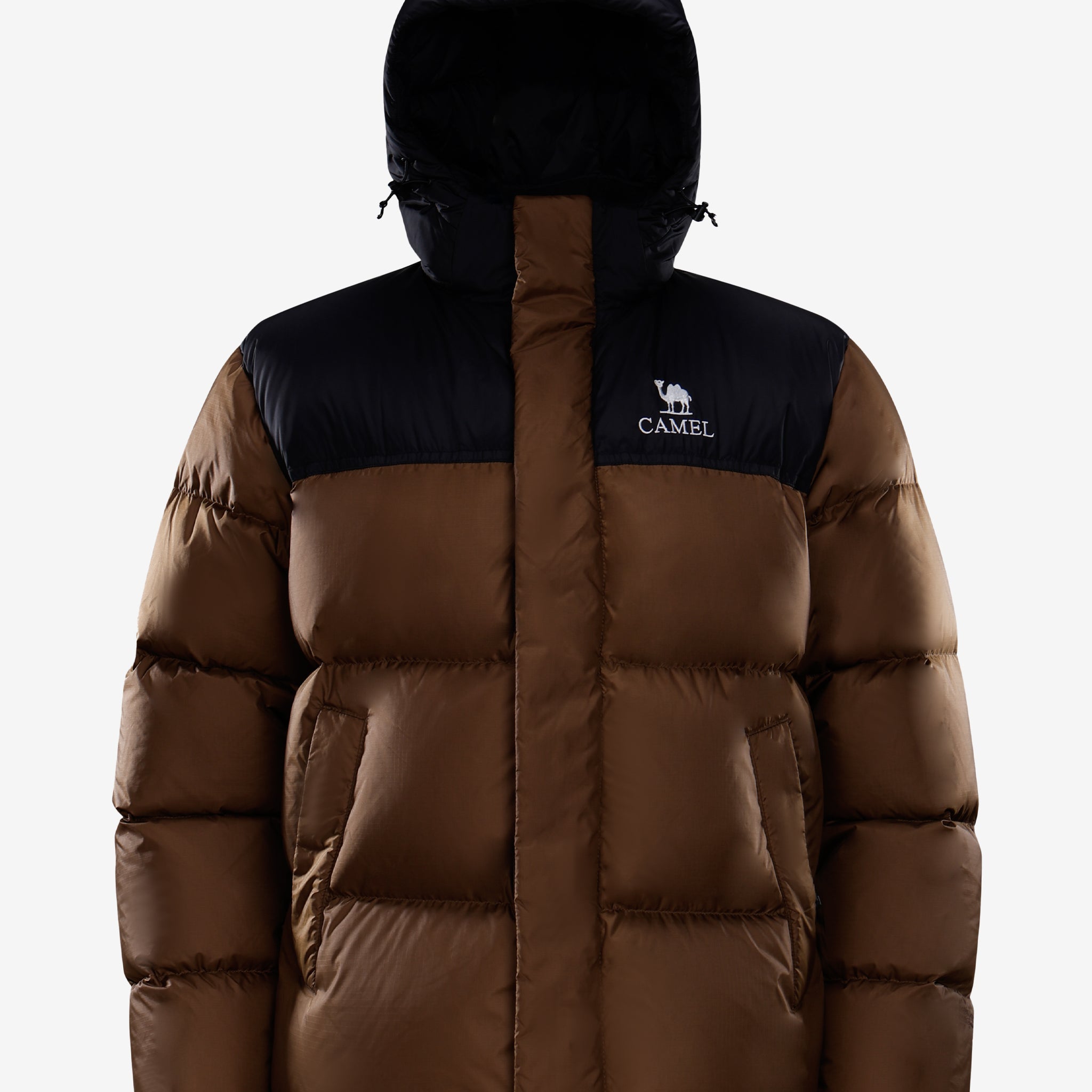 Camel Cordura® Paneled Puffer Down Jacket in brown color, goose down, waterproof shell, heat-reflective lining for warmth