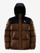 Camel Cordura® Paneled Puffer Down Jacket in brown color, goose down, waterproof shell, heat-reflective lining for warmth