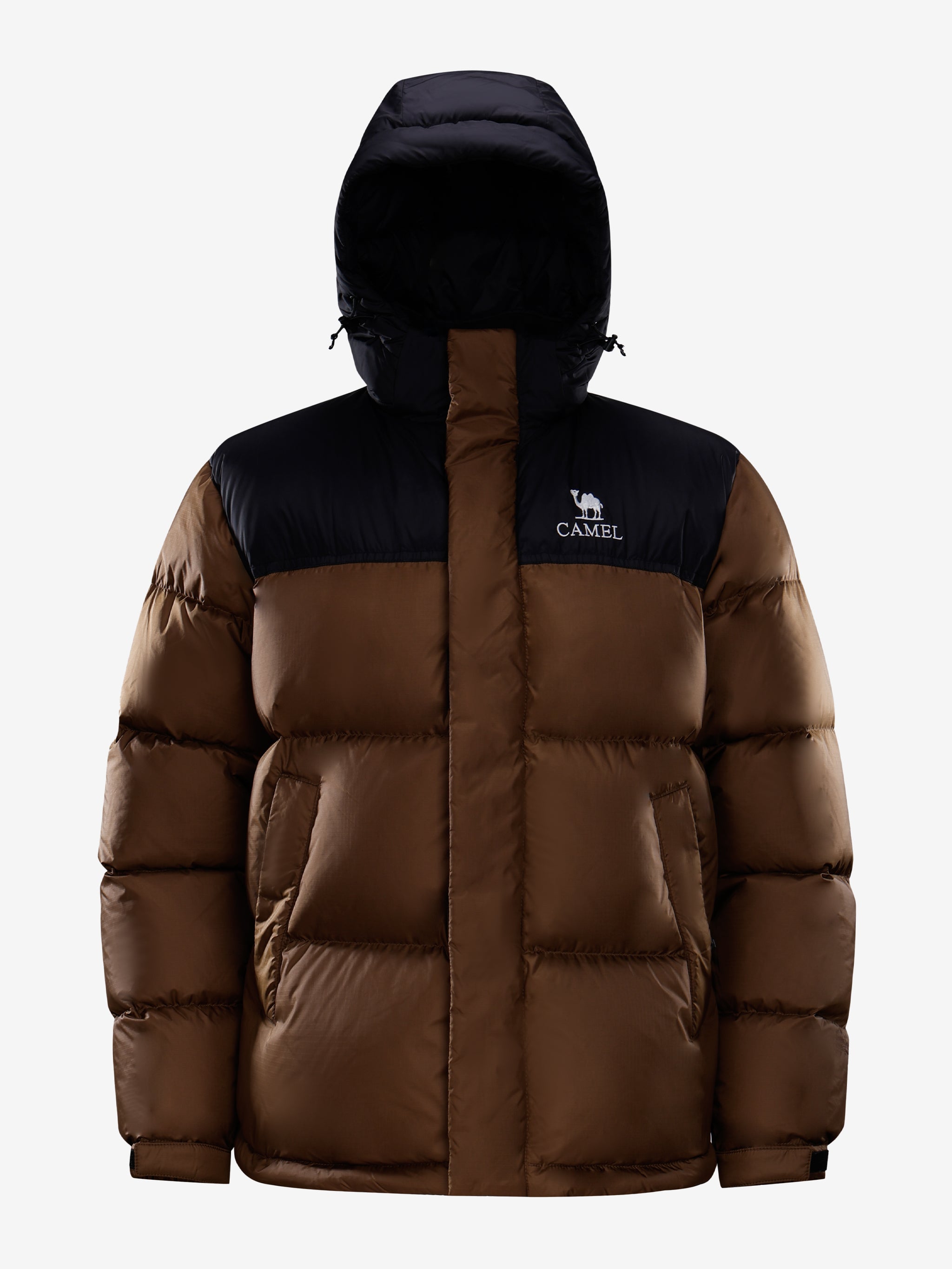 Camel Cordura® Paneled Puffer Down Jacket in brown color, goose down, waterproof shell, heat-reflective lining for warmth