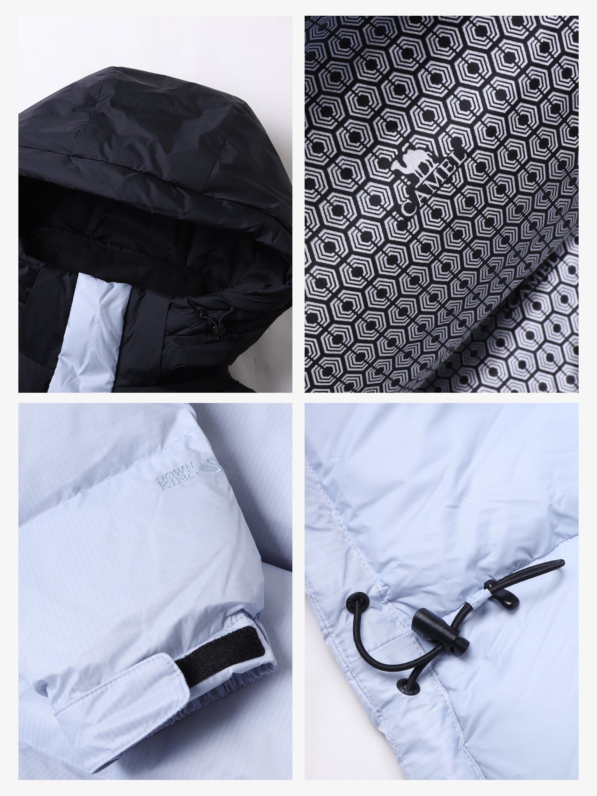 Details of Camel Cordura® Paneled Puffer Down Jacket, 220g goose down, waterproof shell, heat-reflective lining for warmth