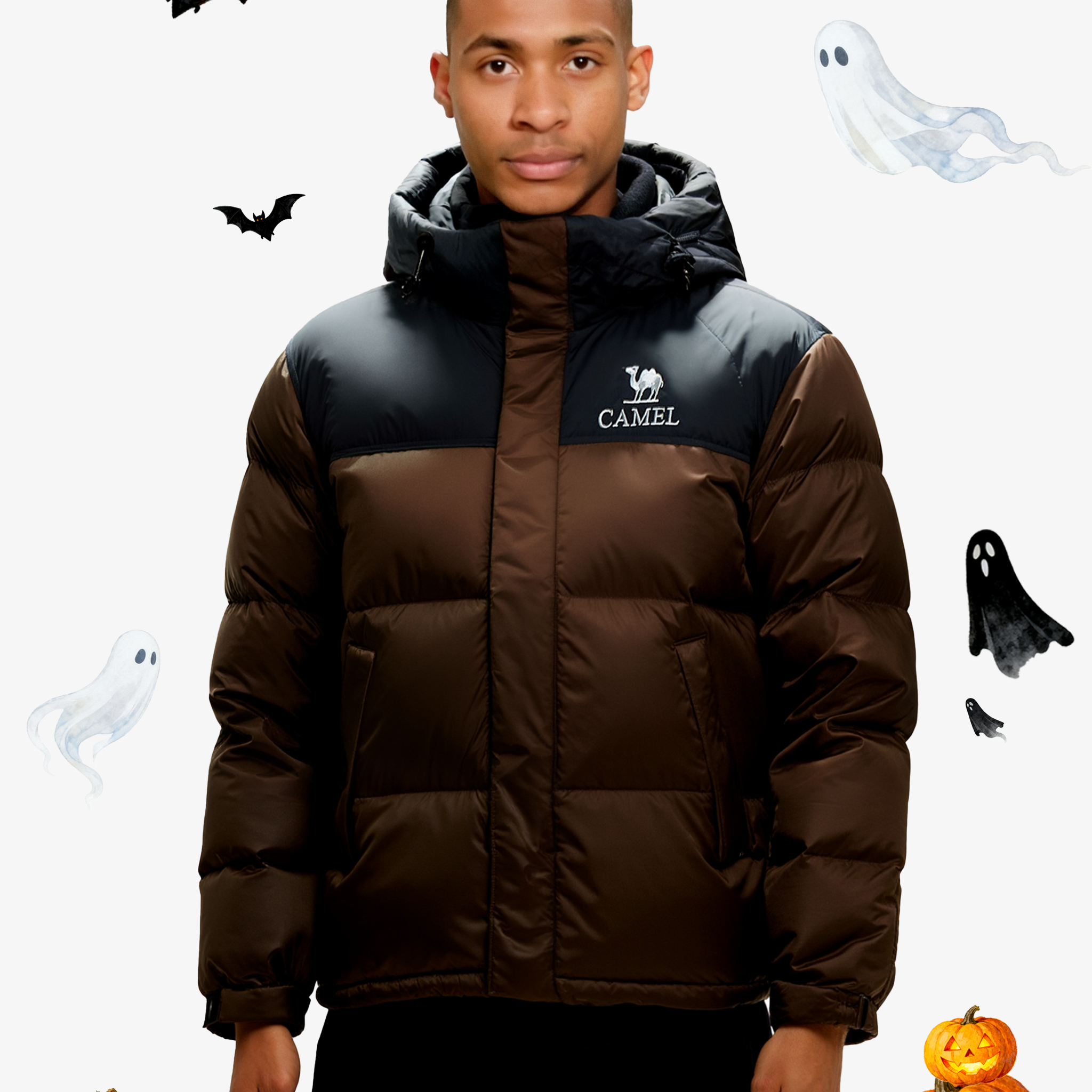 Front view of Camel Cordura® Paneled Puffer Down Jacket, 220g goose down, waterproof shell, heat-reflective lining for warmth