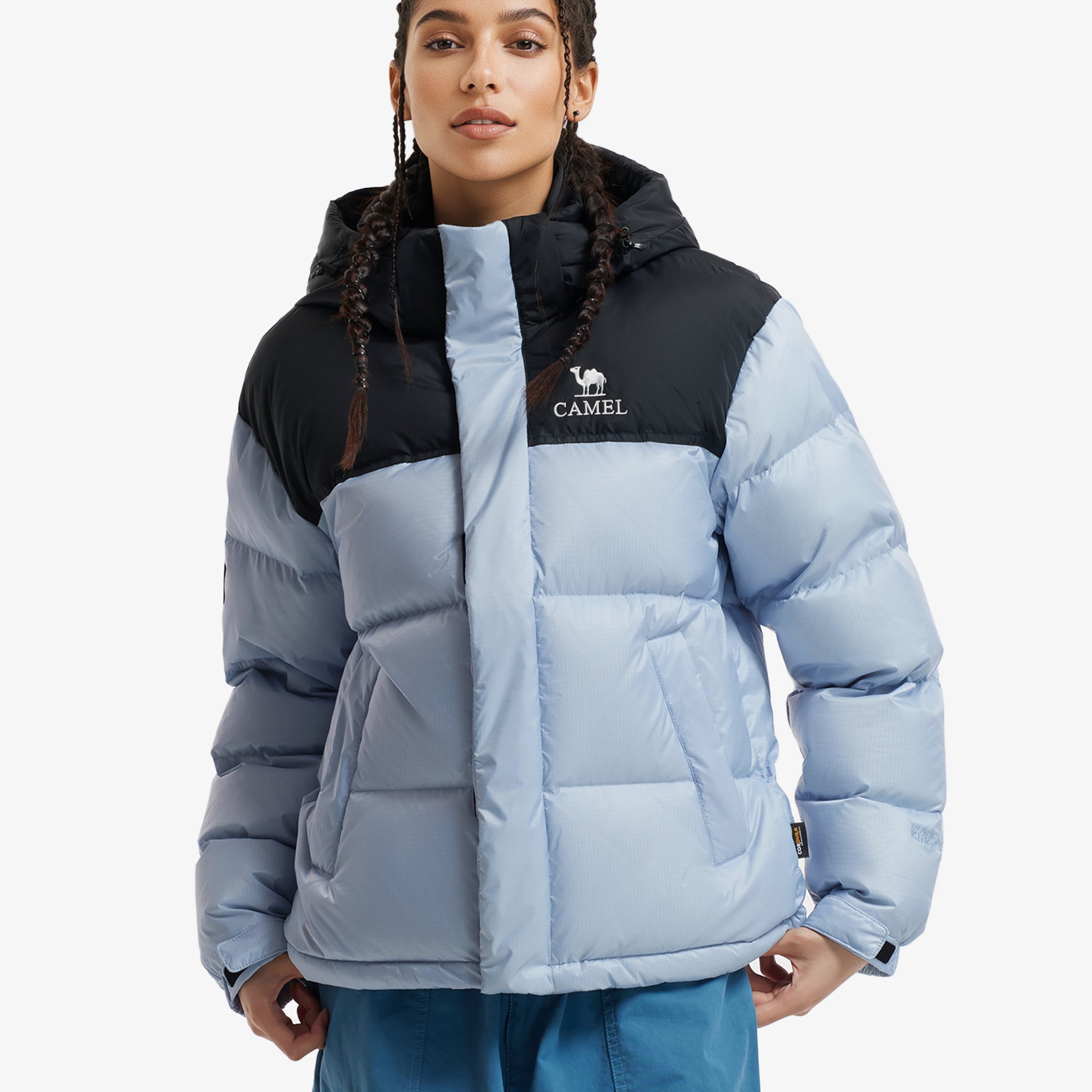 Front view of Camel Cordura® Paneled Puffer Down Jacket, 220g goose down, waterproof shell, heat-reflective lining for warmth