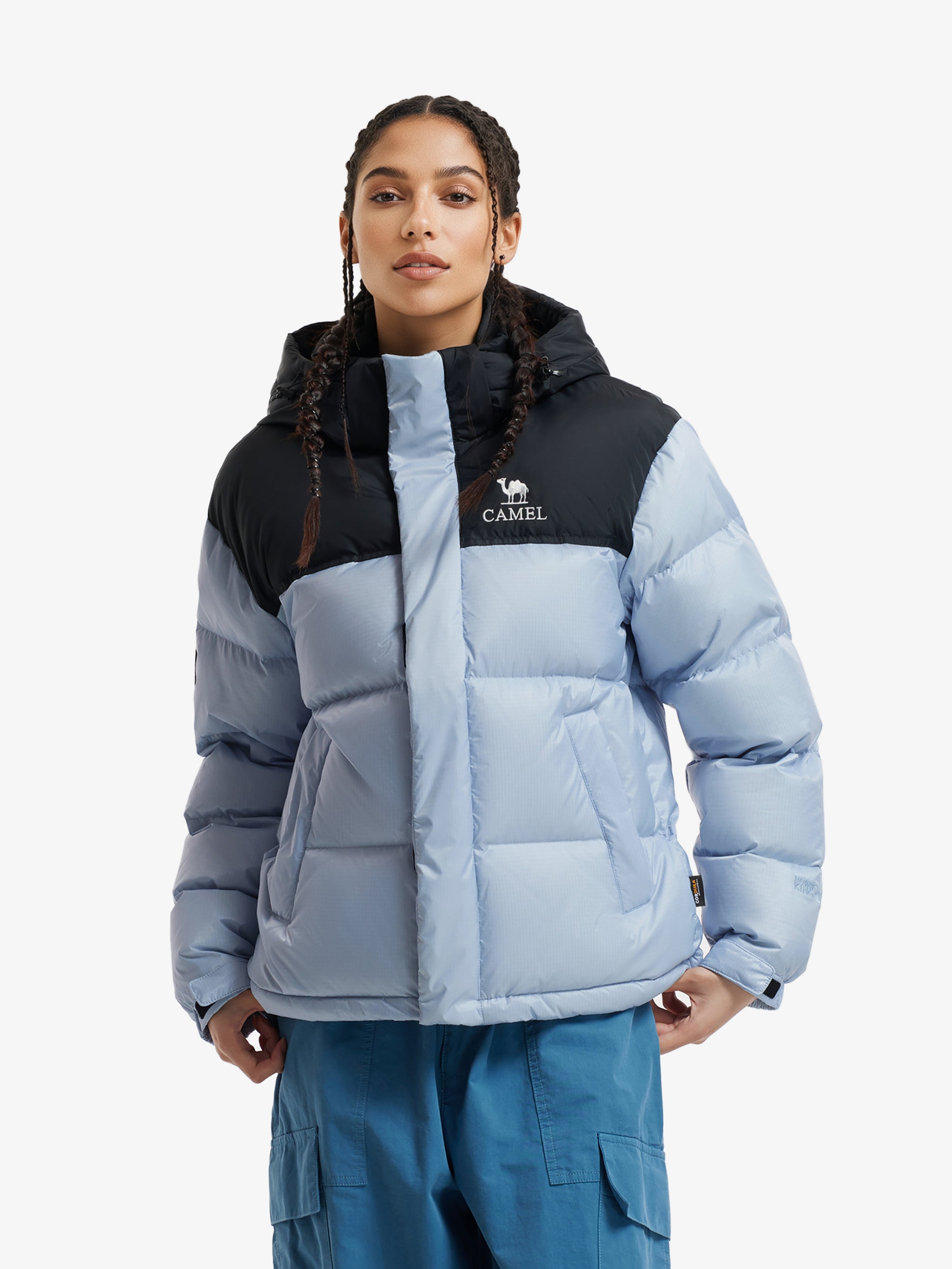 Front view of Camel Cordura® Paneled Puffer Down Jacket, 220g goose down, waterproof shell, heat-reflective lining for warmth