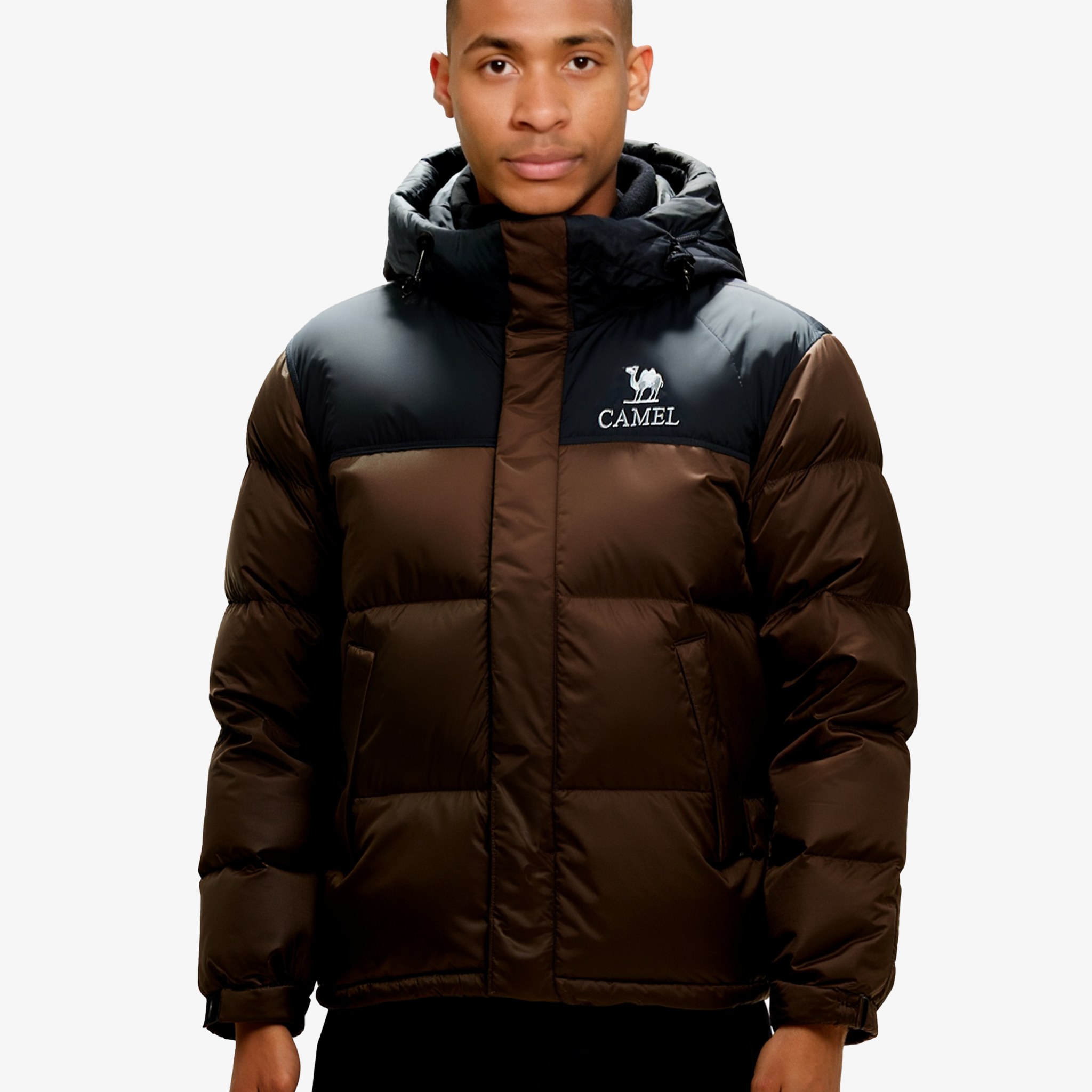 Front view of Camel Cordura® Paneled Puffer Down Jacket, 220g goose down, waterproof shell, heat-reflective lining for warmth