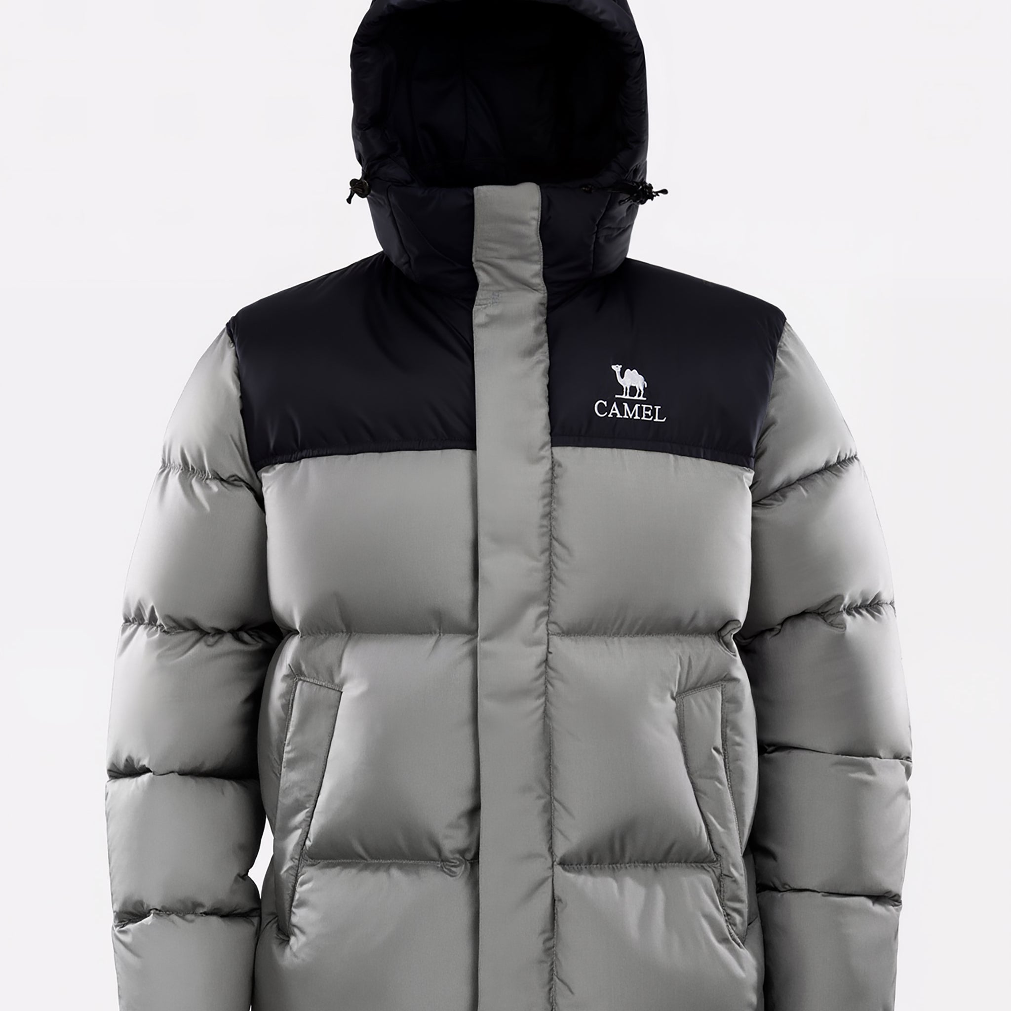 Camel Cordura® Paneled Puffer Down Jacket in gray color, goose down, waterproof shell, heat-reflective lining for warmth