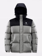 Camel Cordura® Paneled Puffer Down Jacket in gray color, goose down, waterproof shell, heat-reflective lining for warmth