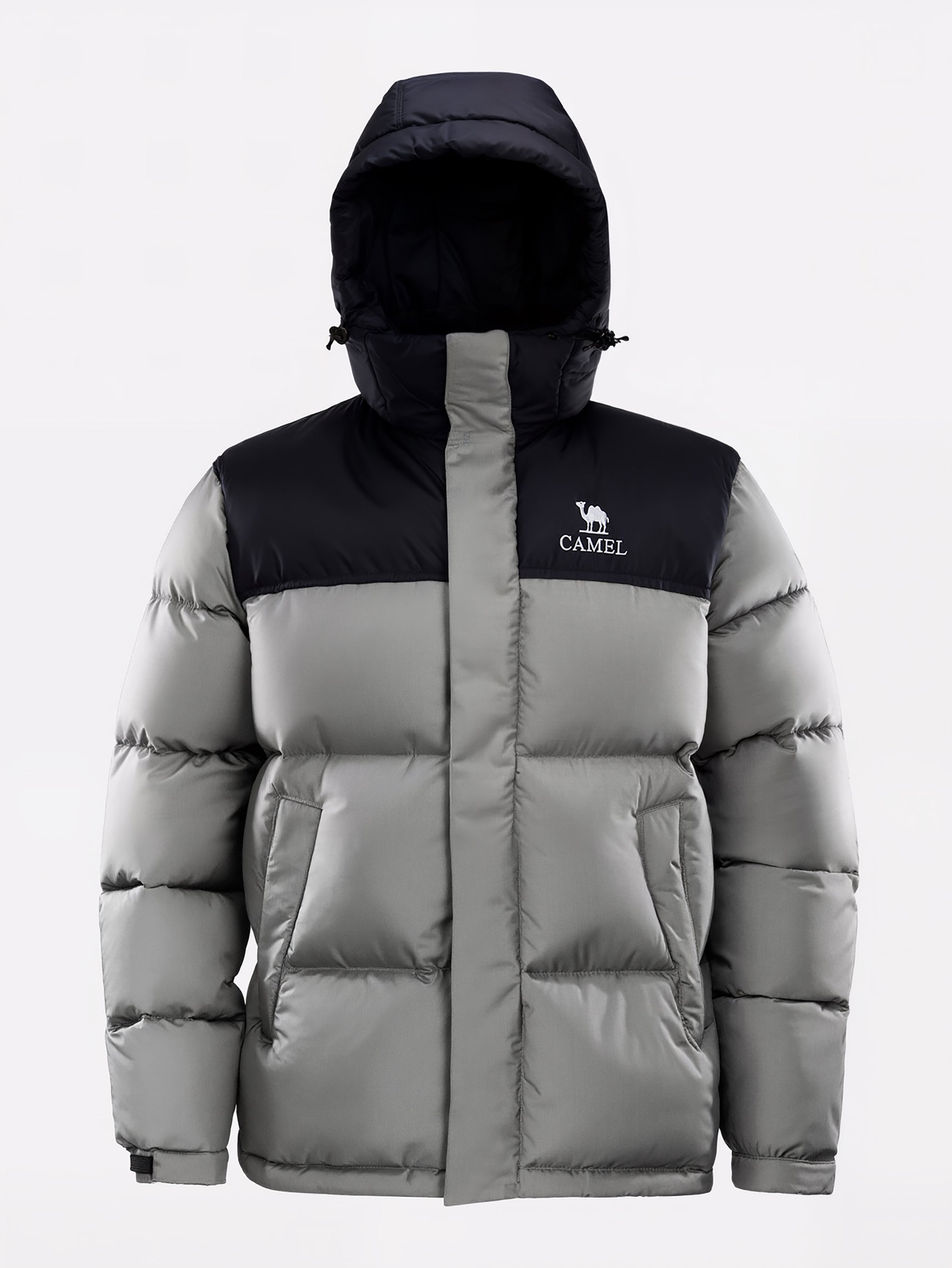 Camel Cordura® Paneled Puffer Down Jacket in gray color, goose down, waterproof shell, heat-reflective lining for warmth
