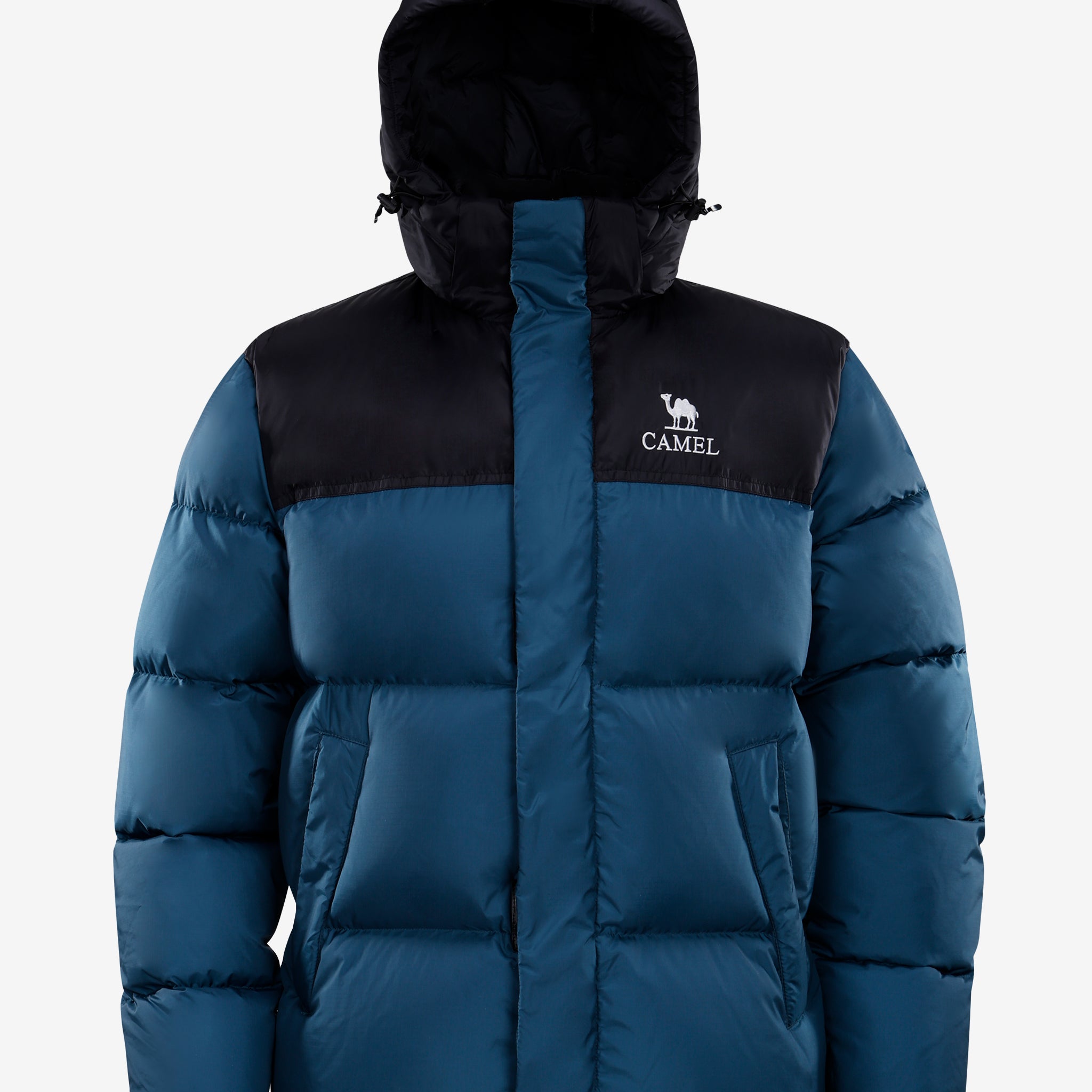 Camel Cordura® Paneled Puffer Down Jacket in navy color, goose down, waterproof shell, heat-reflective lining for warmth