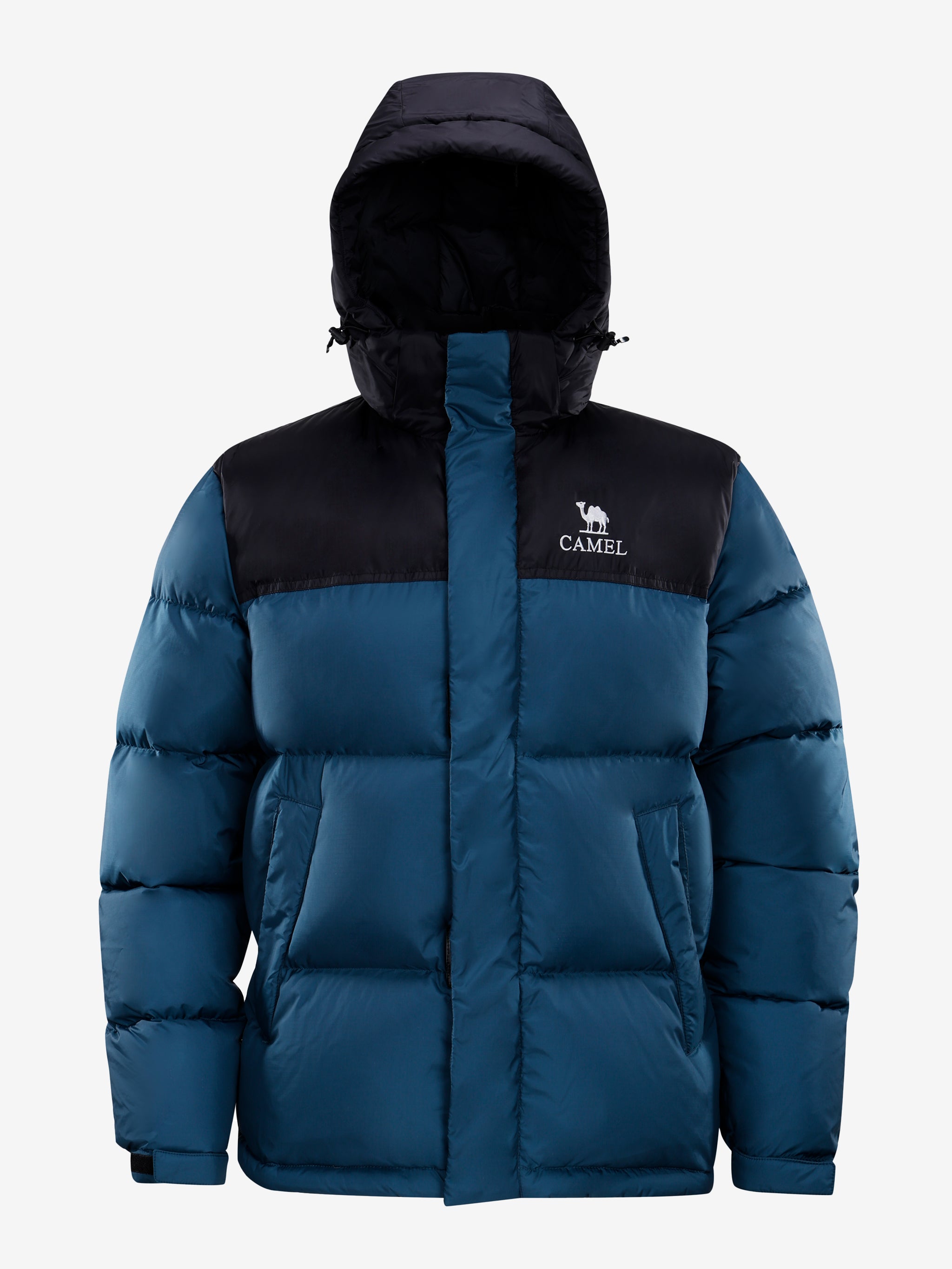 Camel Cordura® Paneled Puffer Down Jacket in navy color, goose down, waterproof shell, heat-reflective lining for warmth