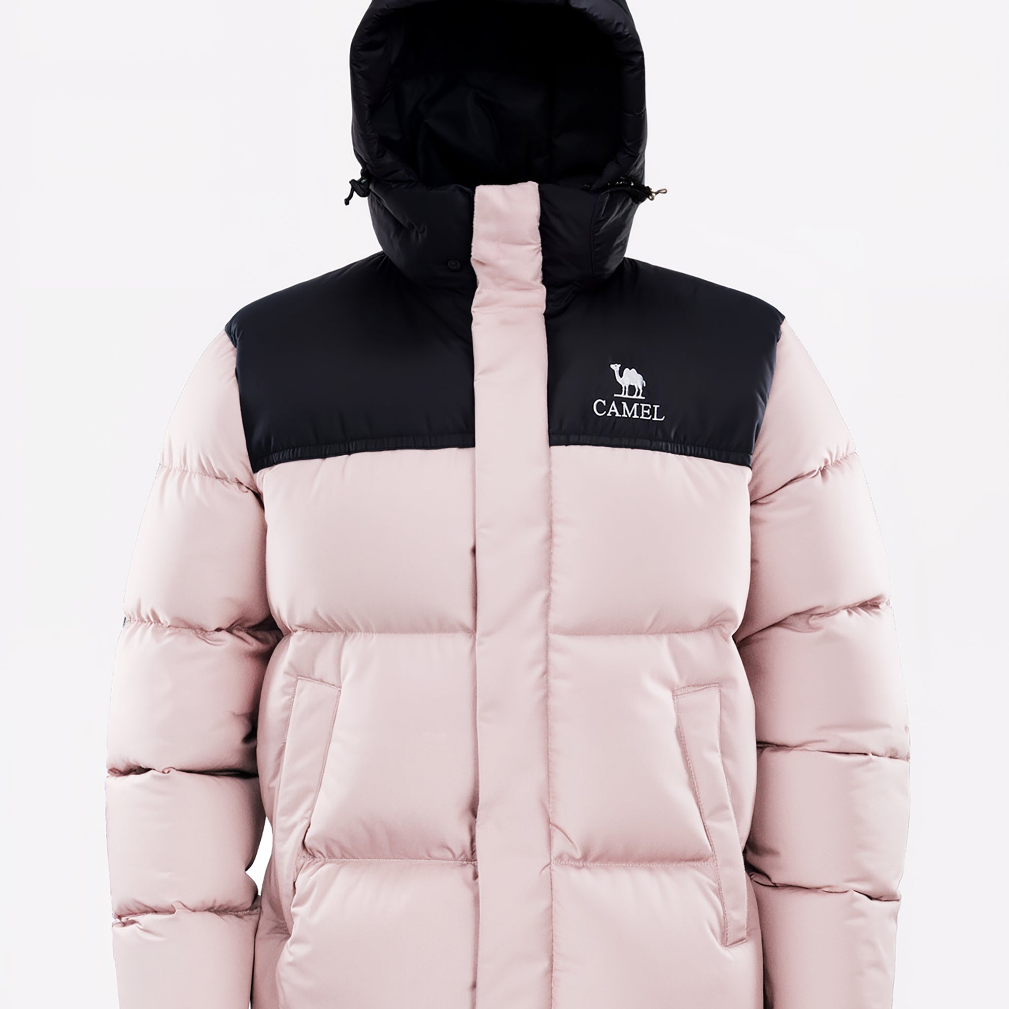 Camel Cordura® Paneled Puffer Down Jacket in pink color, goose down, waterproof shell, heat-reflective lining for warmth
