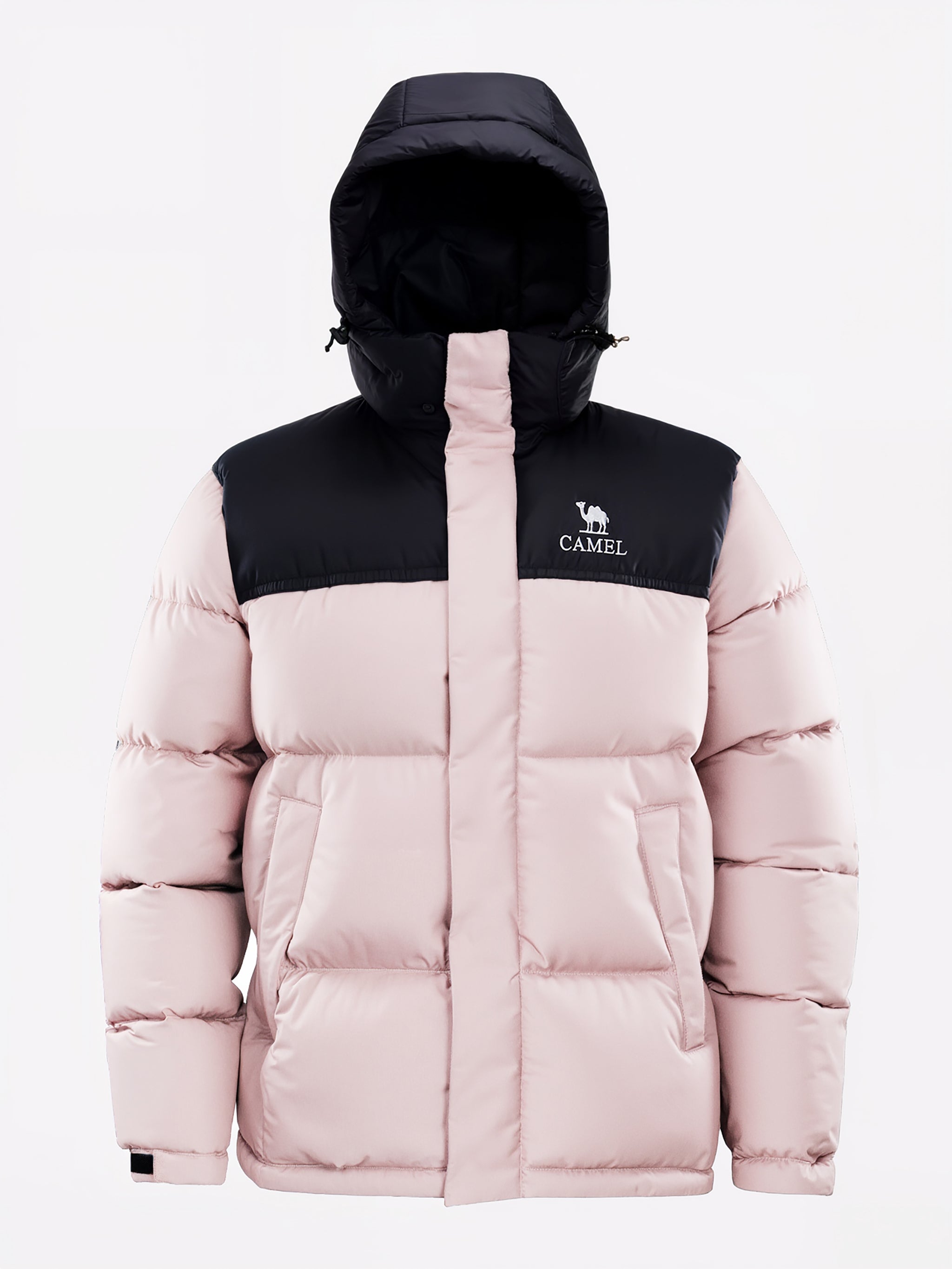 Camel Cordura® Paneled Puffer Down Jacket in pink color, goose down, waterproof shell, heat-reflective lining for warmth