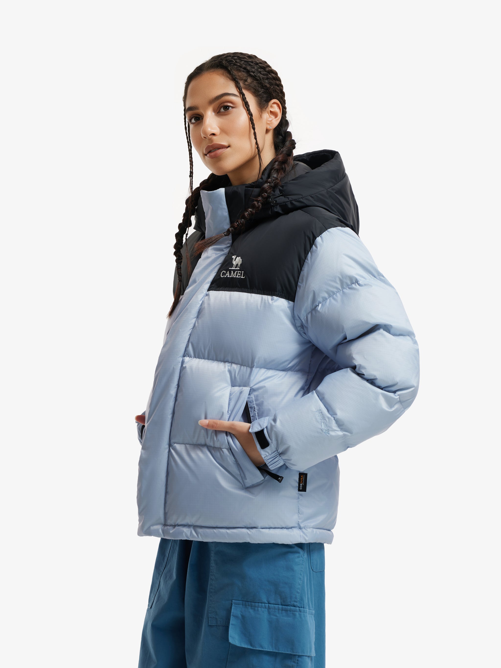 Side view of Camel Cordura® Paneled Puffer Down Jacket, 220g goose down, waterproof shell, heat-reflective lining for warmth