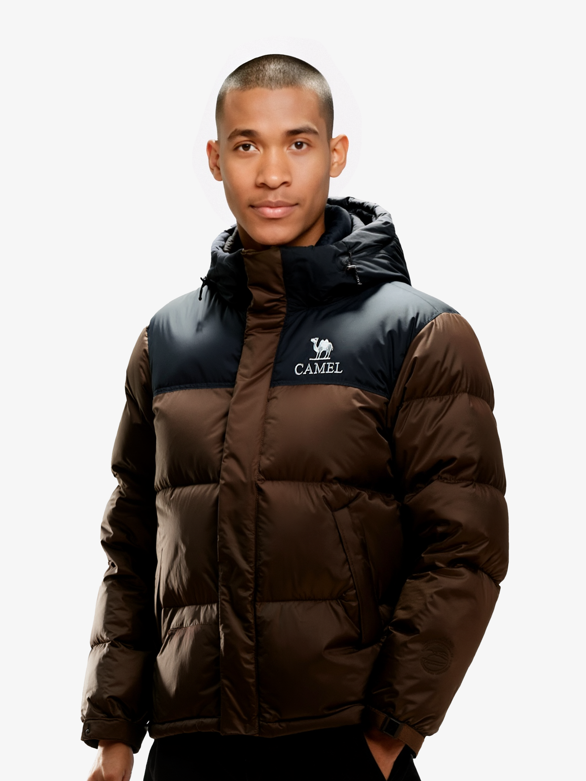 Side view of Camel Cordura® Paneled Puffer Down Jacket, 220g goose down, waterproof shell, heat-reflective lining for warmth