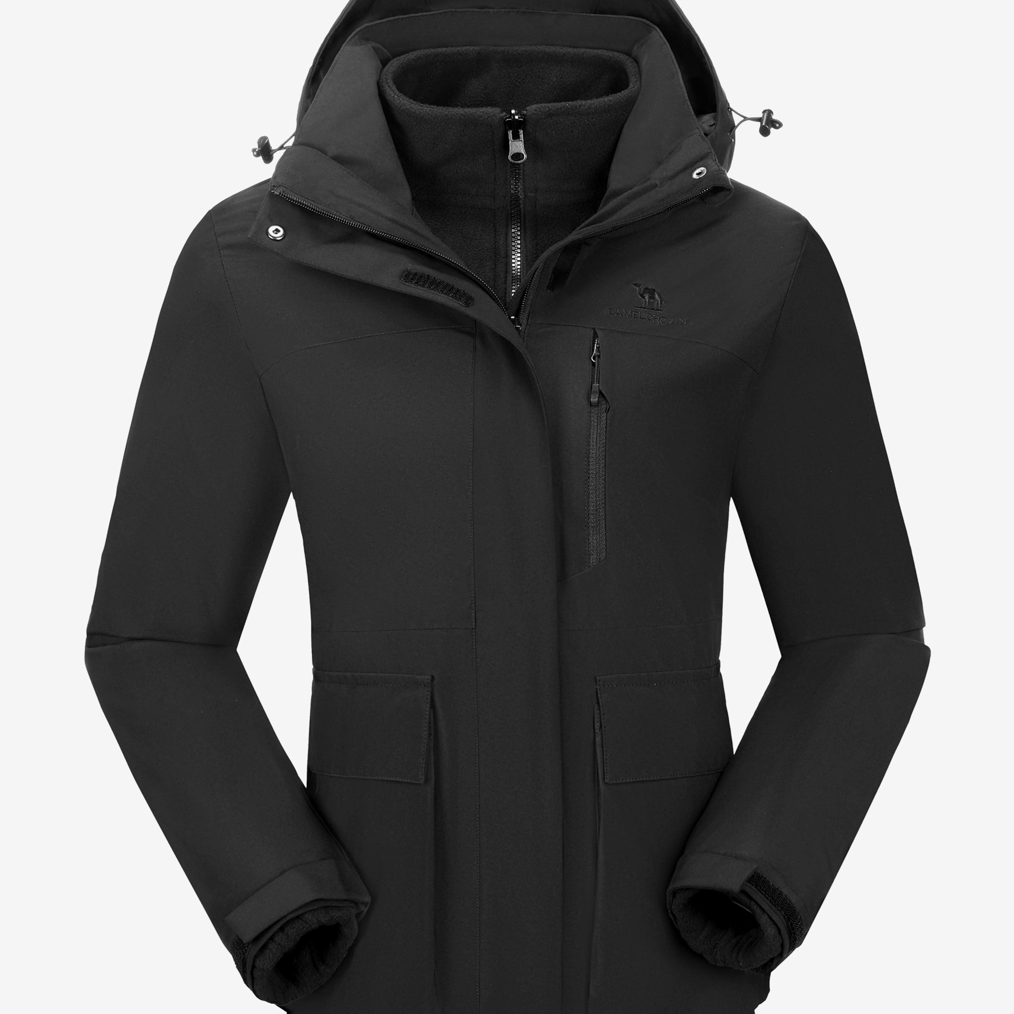 Camel Crown Women’s Arctic Sentinel 3-in-1 Jacket Multi Pockets in black color, warm fleece, adjustable fit outdoor design
