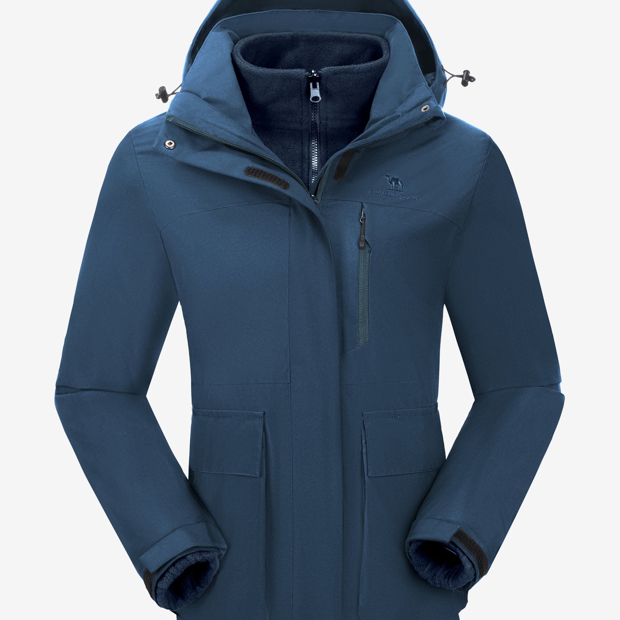 Camel Crown Women’s Arctic Sentinel 3-in-1 Jacket Multi Pockets in blue color, warm fleece, adjustable fit outdoor design