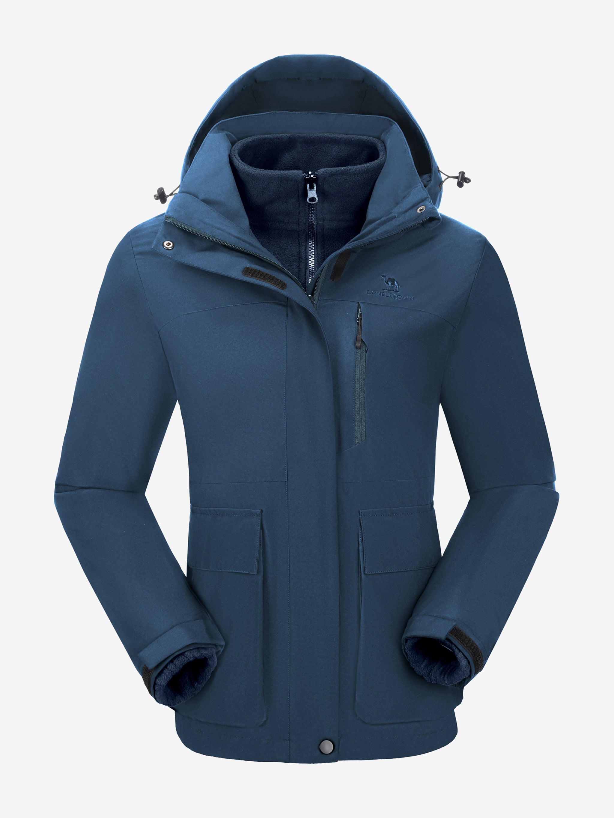Camel Crown Women’s Arctic Sentinel 3-in-1 Jacket Multi Pockets in blue color, warm fleece, adjustable fit outdoor design