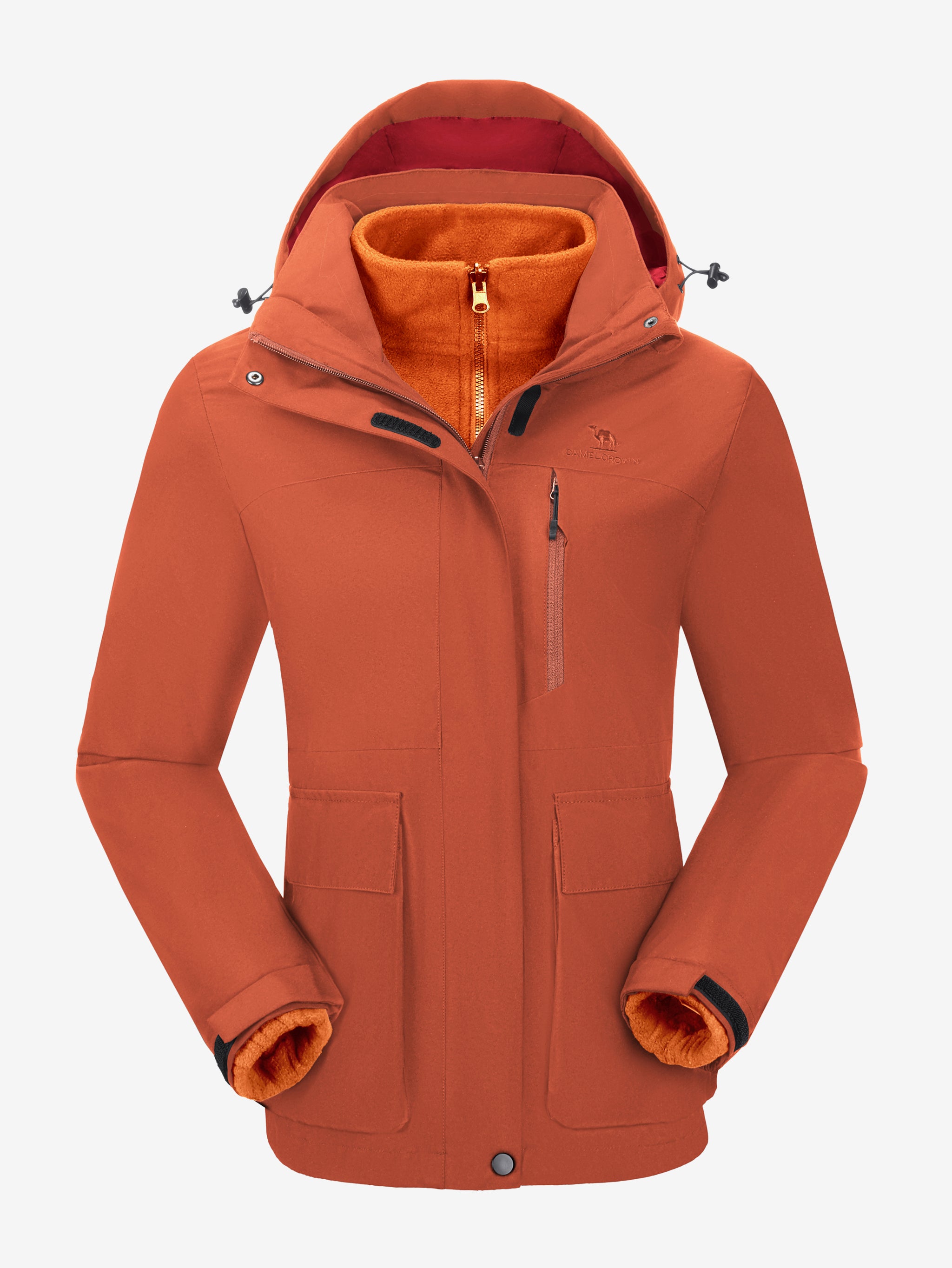Camel Crown Women’s Arctic Sentinel 3-in-1 Jacket Multi Pockets in orange color, warm fleece, adjustable fit outdoor design