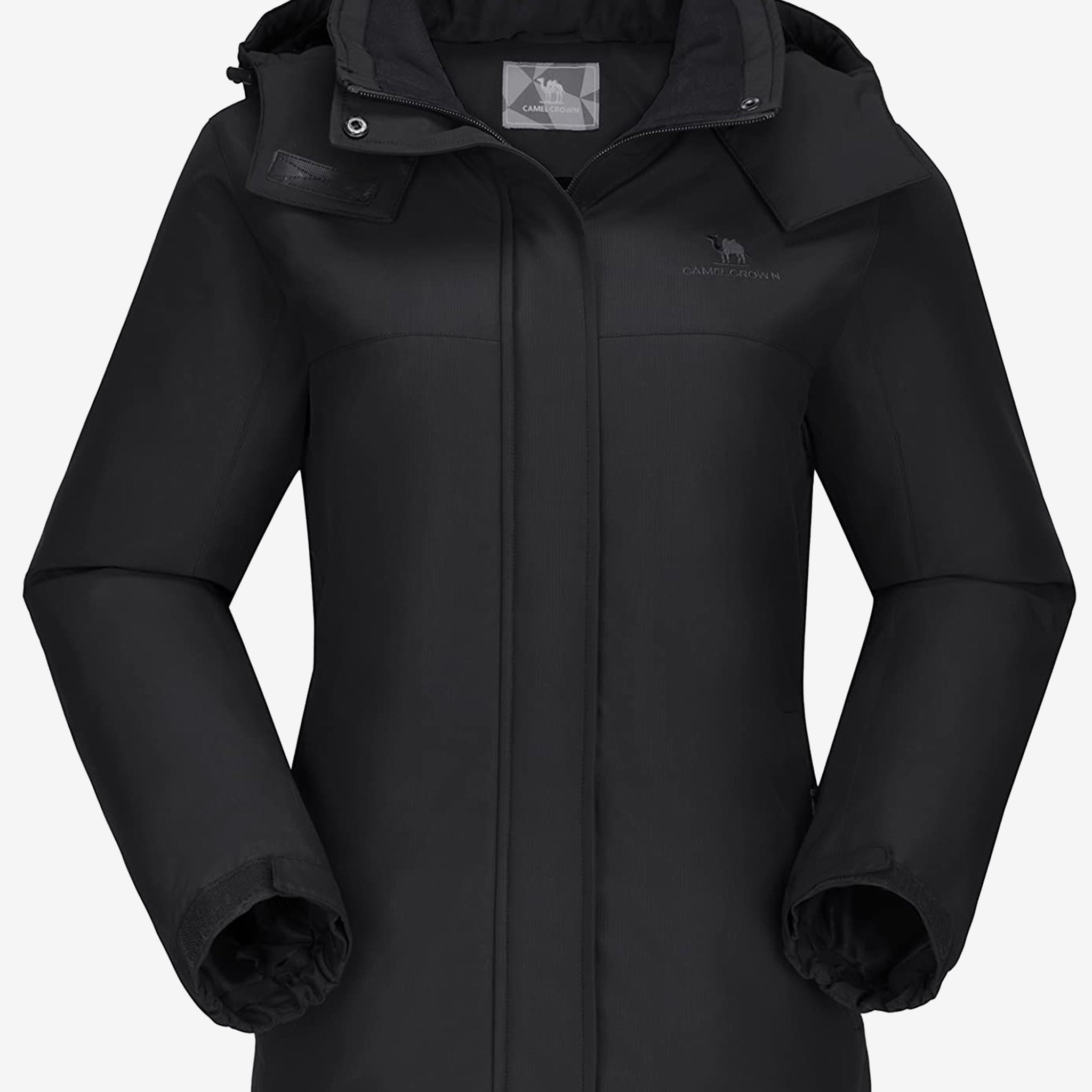 Camel Crown Women’s Urban Edge Fleece Jacket Detachable Hood in color black, warm fleece lining, windproof coverage.