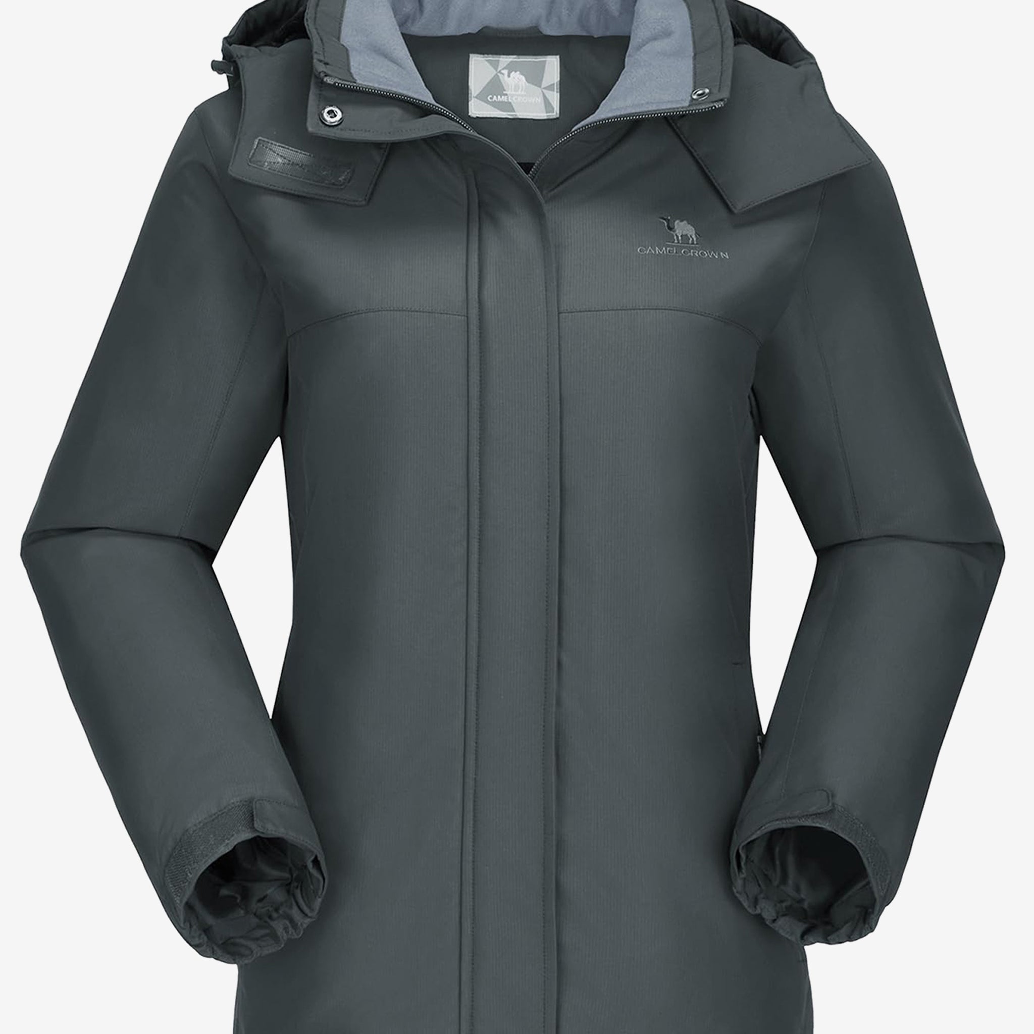 Camel Crown Women’s Urban Edge Fleece Jacket Detachable Hood in color gray, warm fleece lining, windproof coverage.