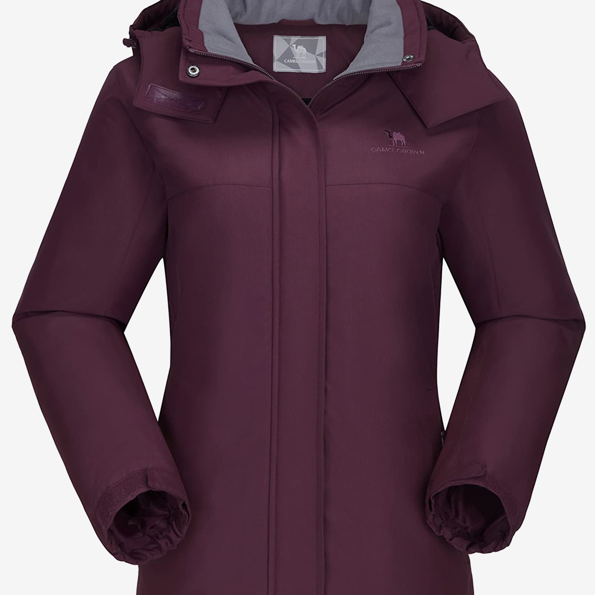Camel Crown Women’s Urban Edge Fleece Jacket Detachable Hood in color wine red, warm fleece lining, windproof coverage.