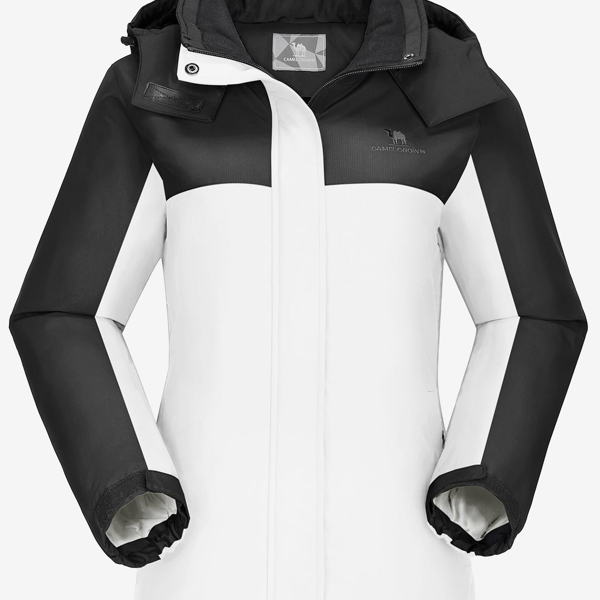 Camel Crown Women’s Urban Edge Fleece Jacket Detachable Hood in color white & black, warm fleece lining, windproof coverage.