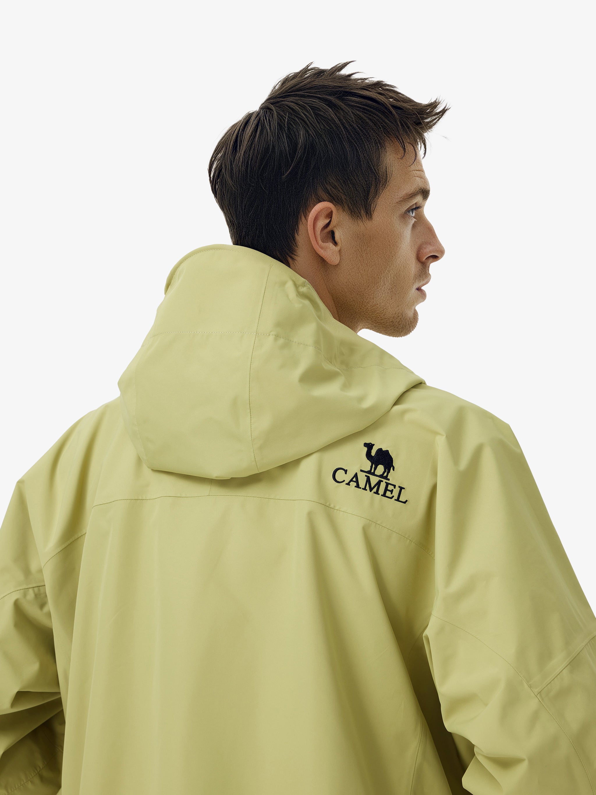 Back view of Camel Interstellar Traverse Lightweight Shell Rain Jacket with breathable 3D ergonomic cut and rainproof