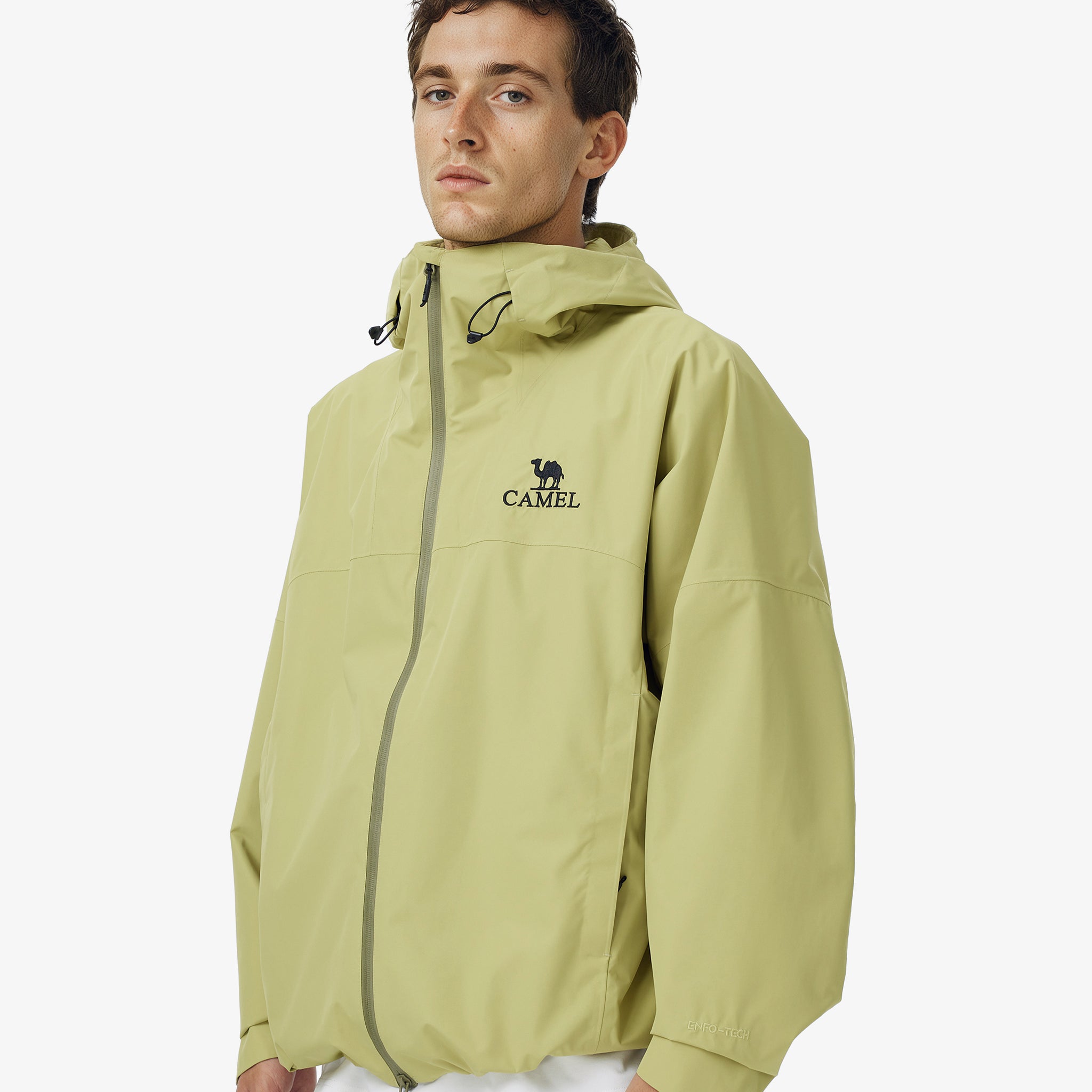 Front view of Camel Interstellar Traverse Lightweight Shell Rain Jacket with breathable 3D ergonomic cut and rainproof