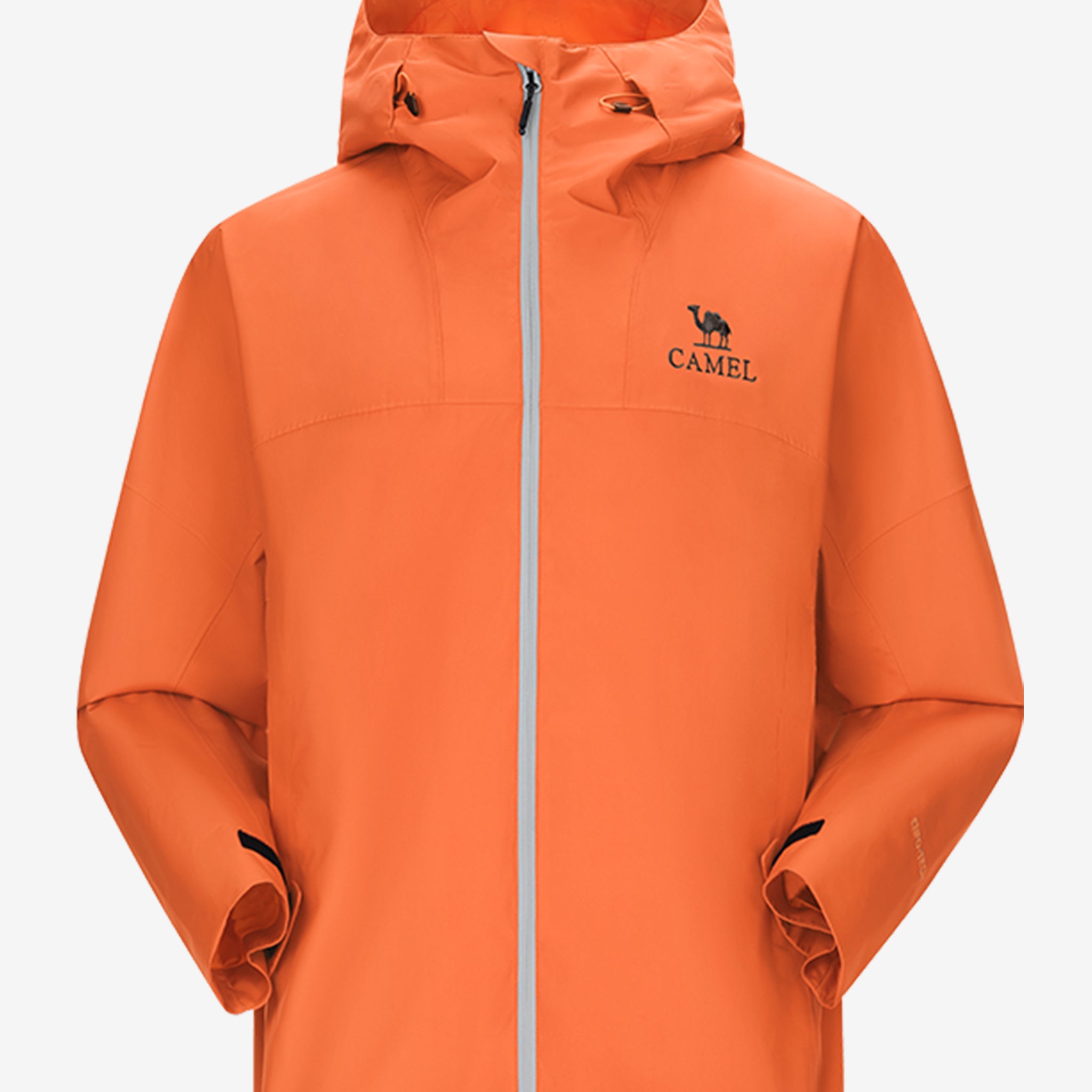Camel Interstellar Traverse Lightweight Shell Rain Jacket in orange color, with breathable 3D ergonomic cut and rainproof