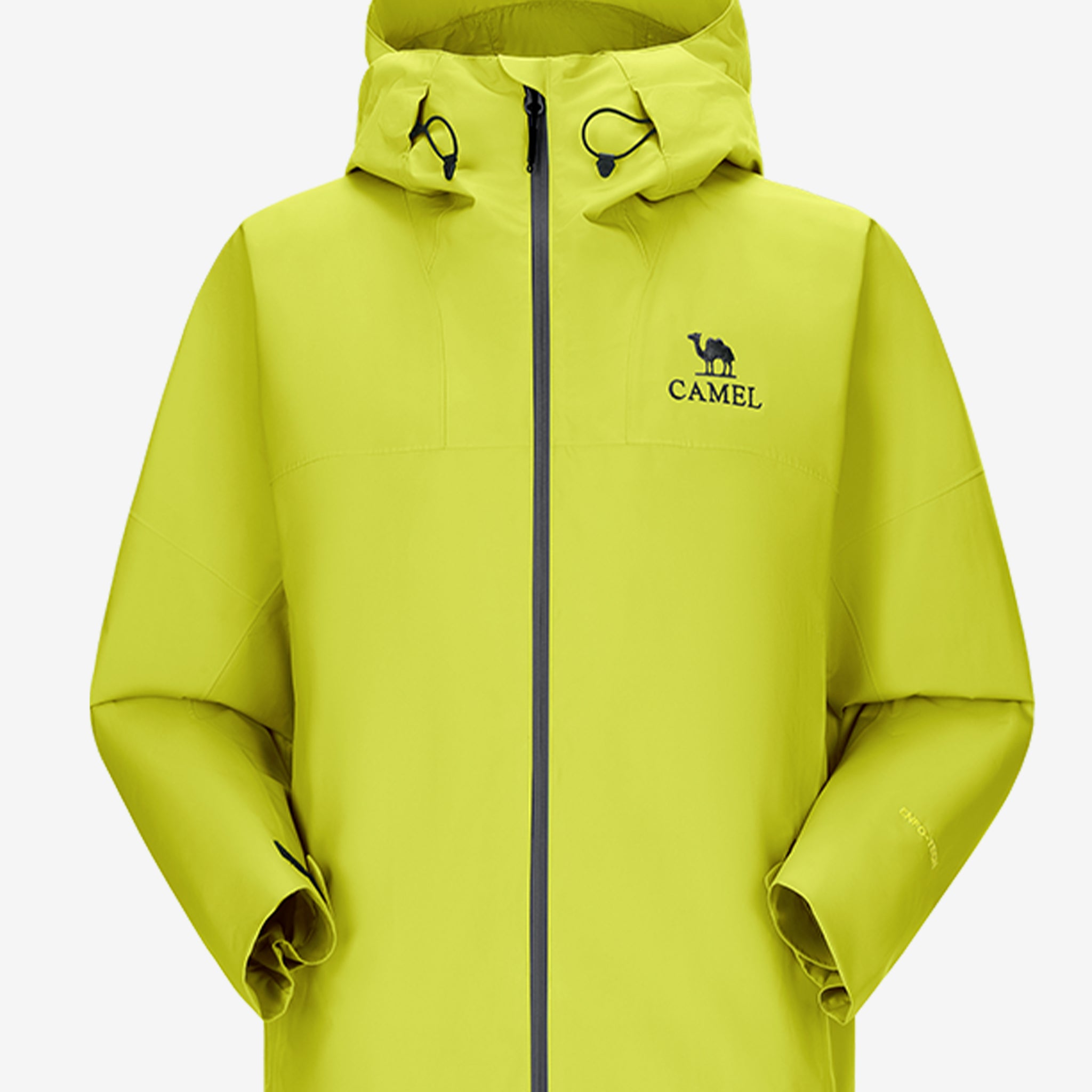 Camel Interstellar Traverse Lightweight Shell Rain Jacket in yellow color, with breathable 3D ergonomic cut and rainproof