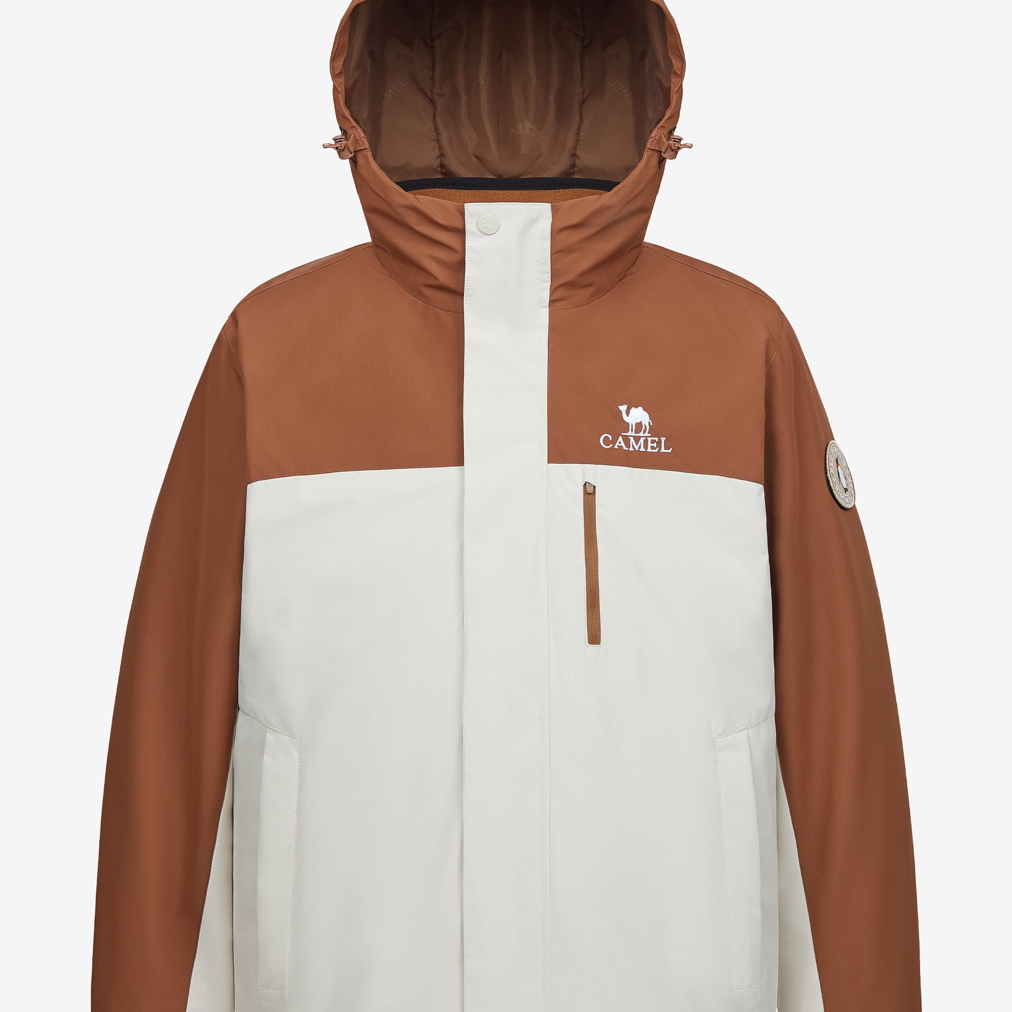 Camel Men’s Arctic Sentinel 3-in-1 Jacket Chest Pocket in color white & brown, waterproof, breathable, thermal performance.