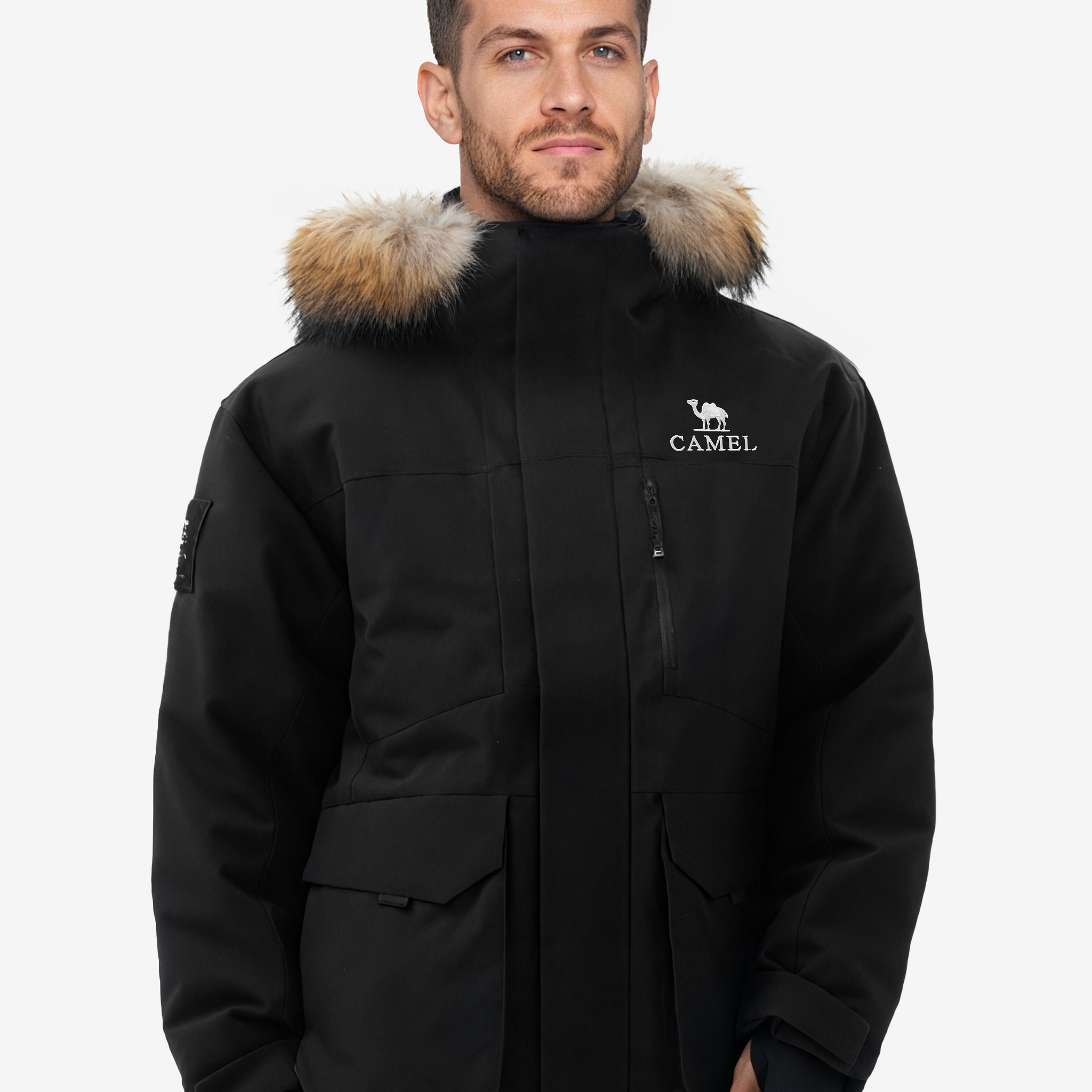 Front view of Camel Men’s ENFO-DWNTEK Down Jacket 85% goose down 650FP winter coat with DWR down protection for outdoor