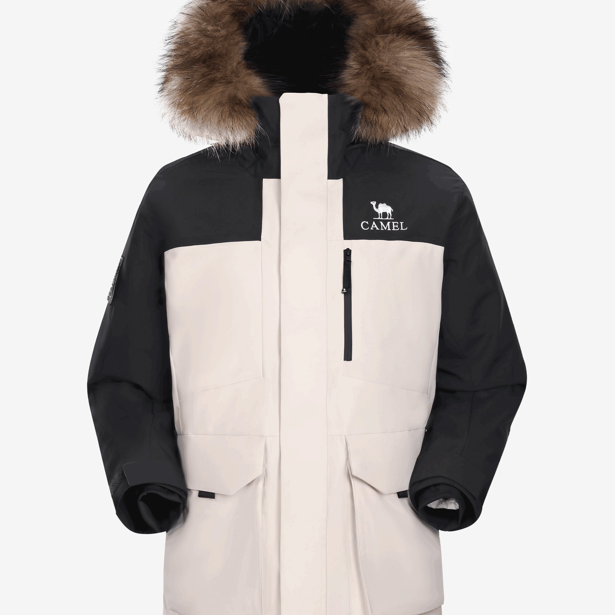Camel Men’s ENFO-DWNTEK Down Jacket in white & black, 85% goose down 650FP winter coat with DWR down protection for outdoor