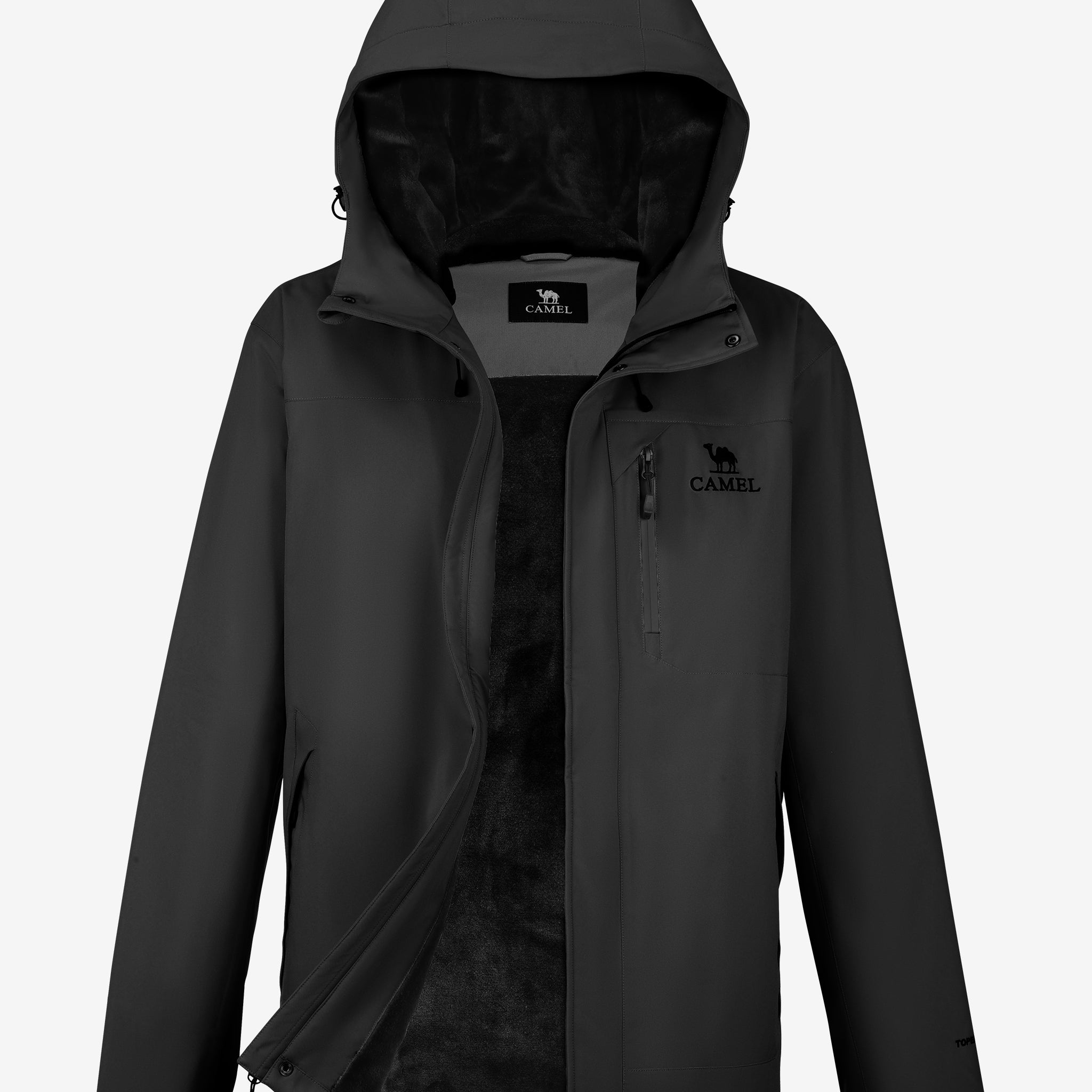 Camel Men’s Urban Edge TOPEAK-TEX® Insulated Jacket in black color, wool lining, and rugged build for winter adventures.