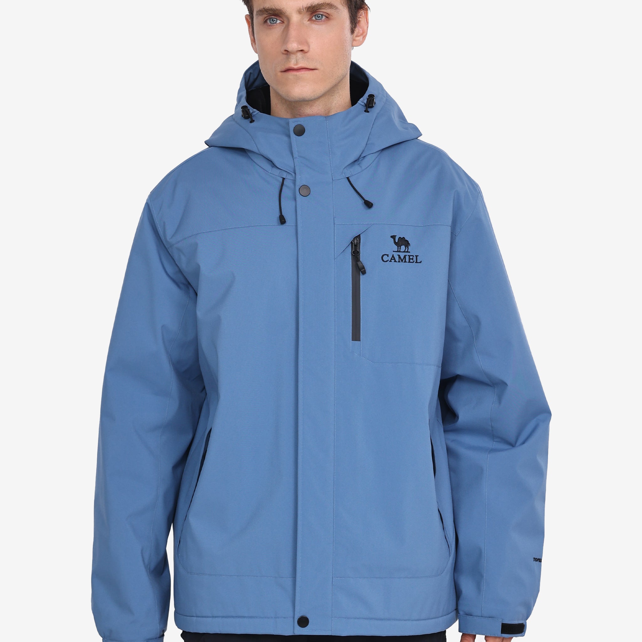 Front view of Camel Men’s Urban Edge TOPEAK-TEX® Insulated Jacket, wool lining, and rugged build for winter adventures.