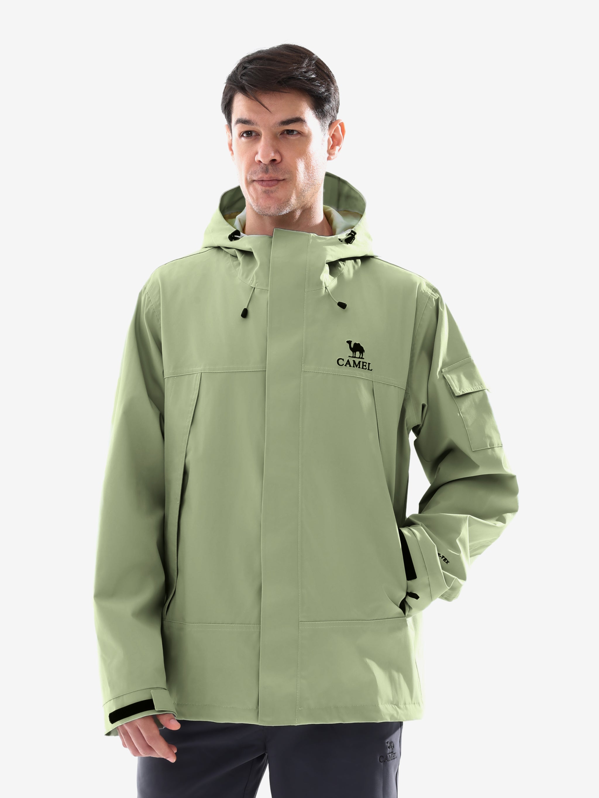 Front view of Camel Men’s Interstellar Traverse TOPEAK-TEX® Shell Jacket, waterproof, breathable and windproof for hiking