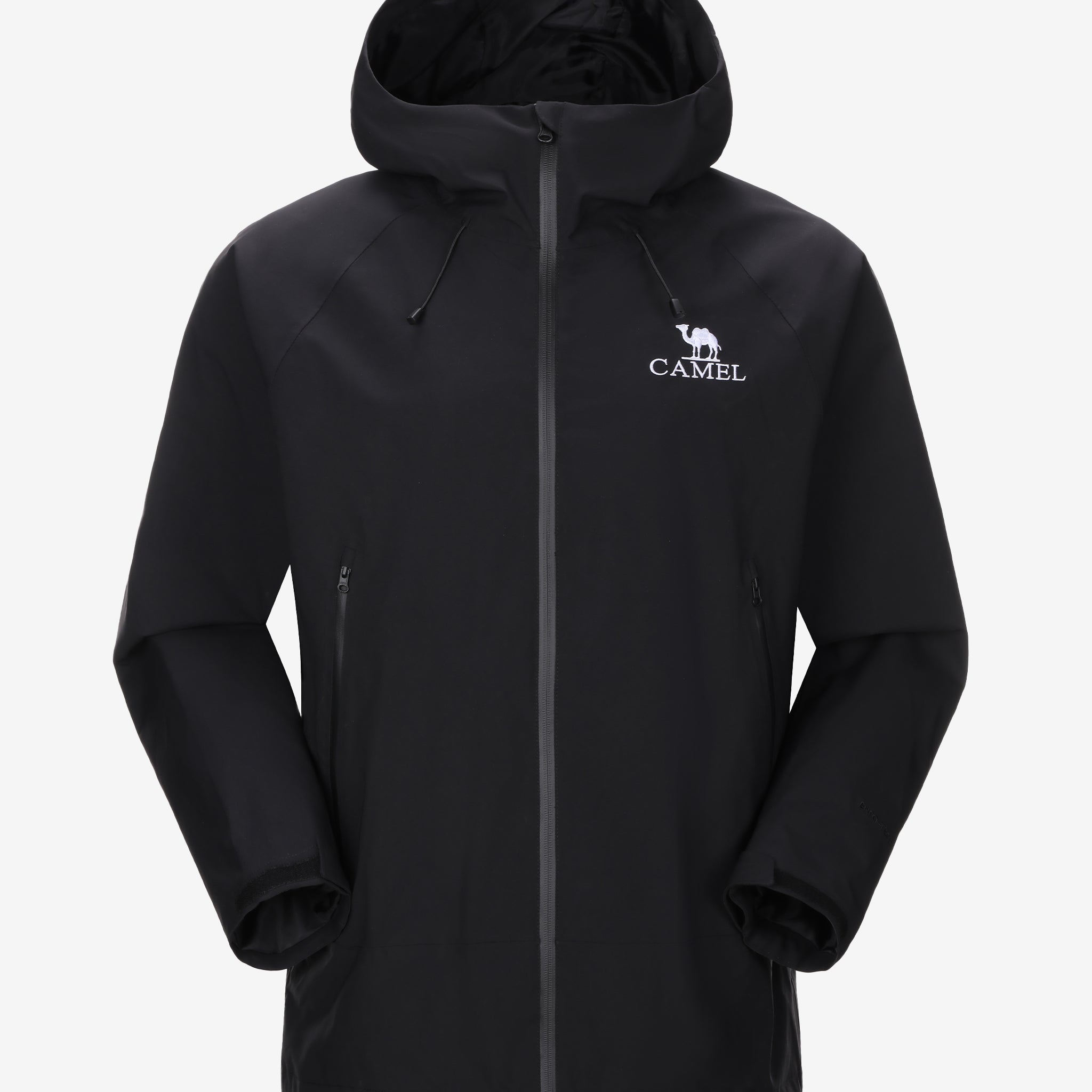 Camel Interstellar Traverse Shell Jacket in black color, built for rain with breathable fabric and outdoor construction