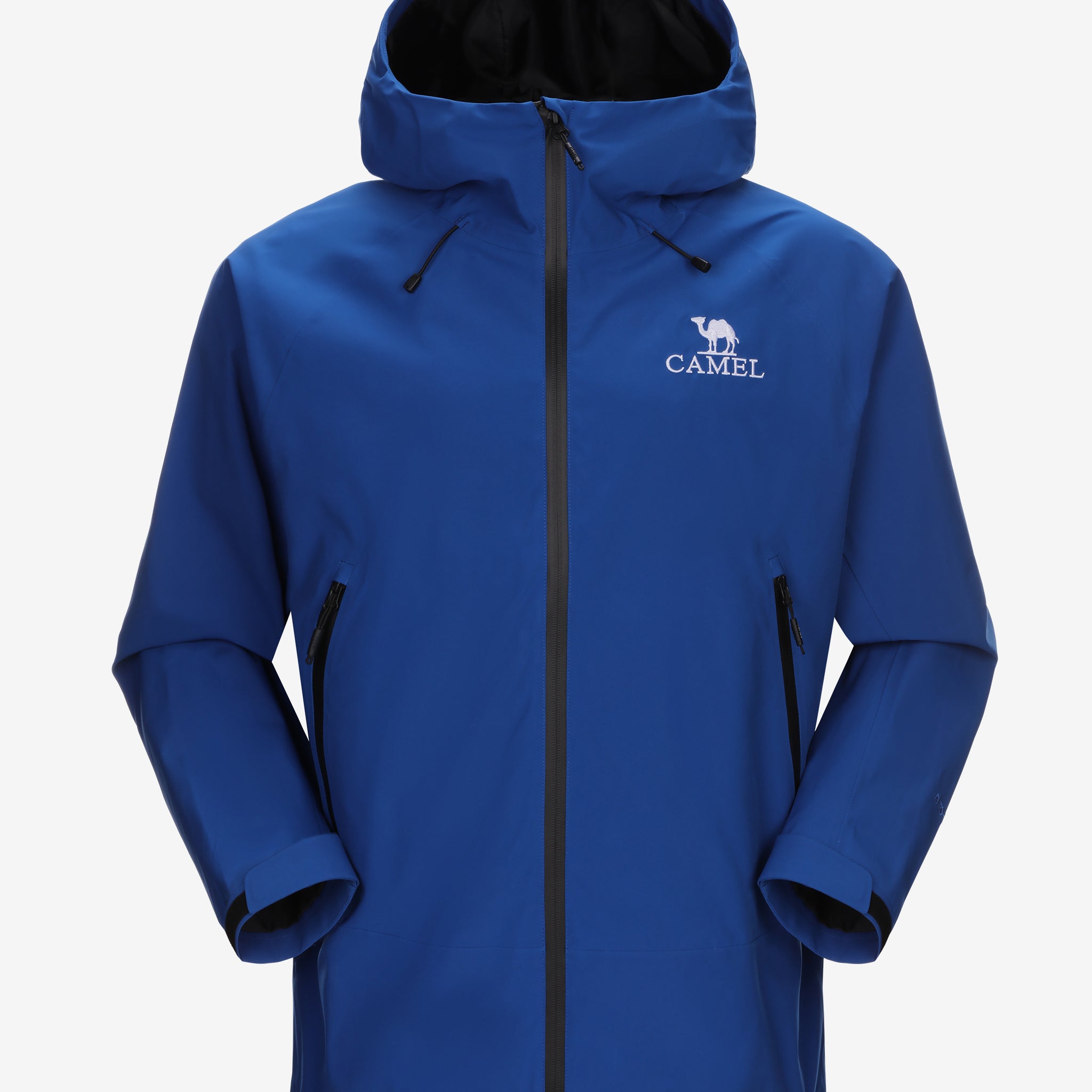 Camel Interstellar Traverse Shell Jacket in blue color, built for rain with breathable fabric and outdoor construction