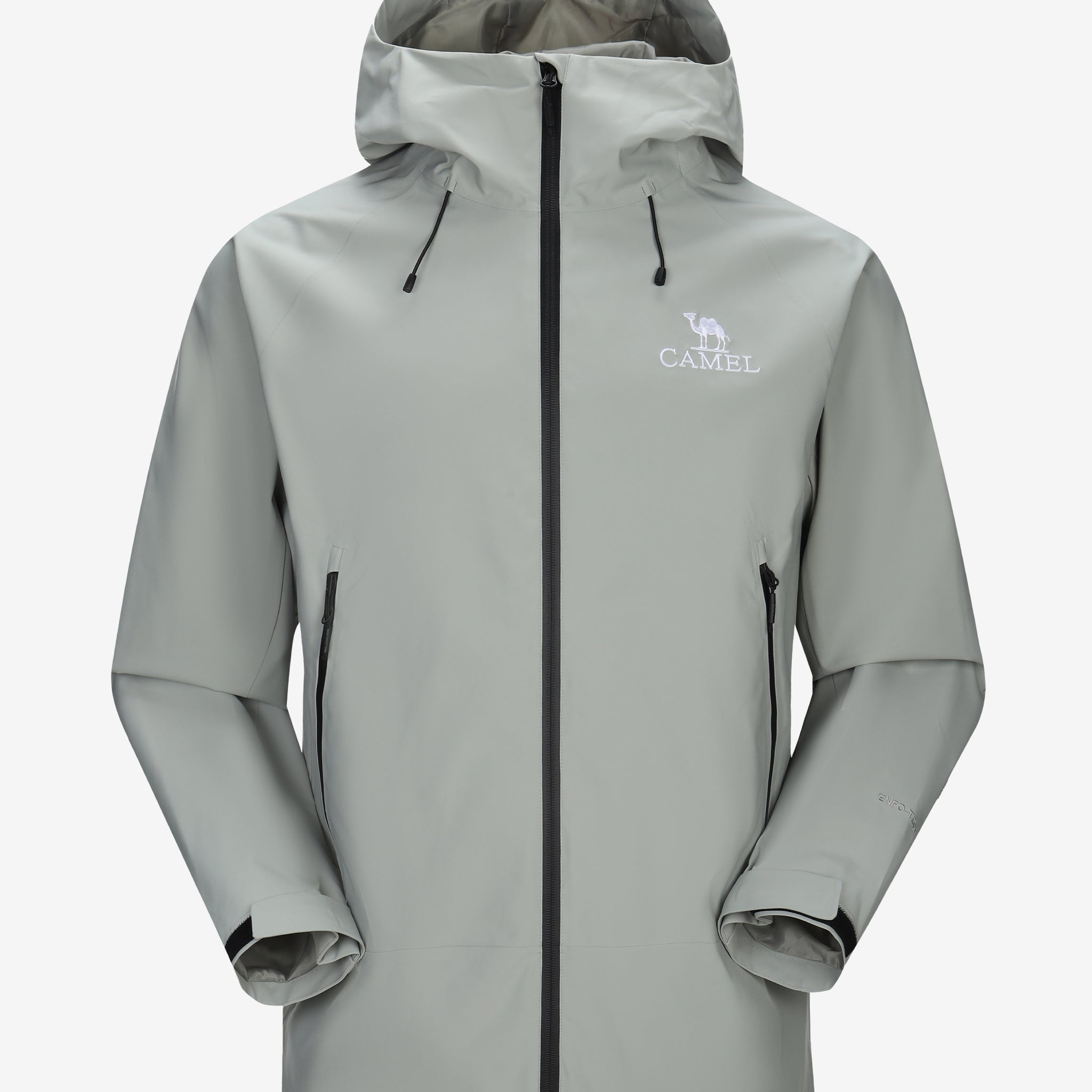 Camel Interstellar Traverse Shell Jacket in gray color, built for rain with breathable fabric and outdoor construction