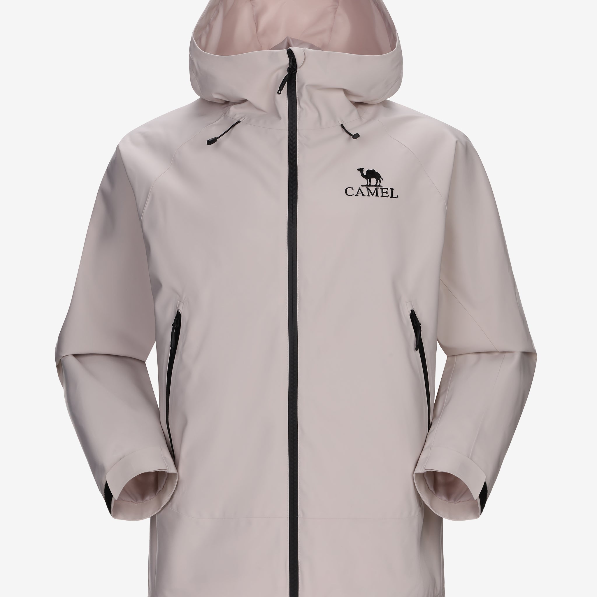Camel Interstellar Traverse Shell Jacket in ivory color, built for rain with breathable fabric and outdoor construction